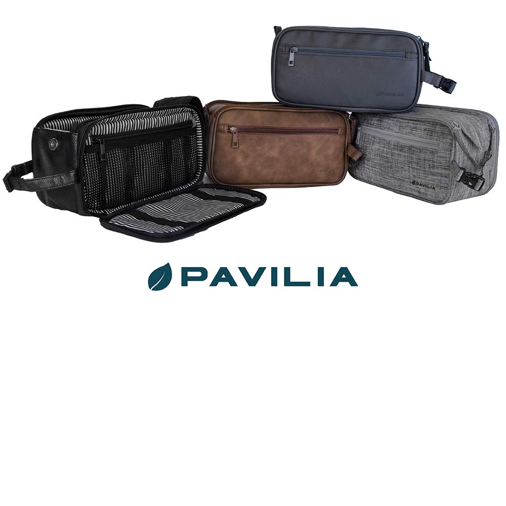 PAVILIA Men's Travel Toiletry Bag - Water Resistant PU Leather Dopp Kit & Shaving Essentials Organizer for Grooming (Heather Grey) - Perfect for Business Trips, Gym, Camping & Vacation