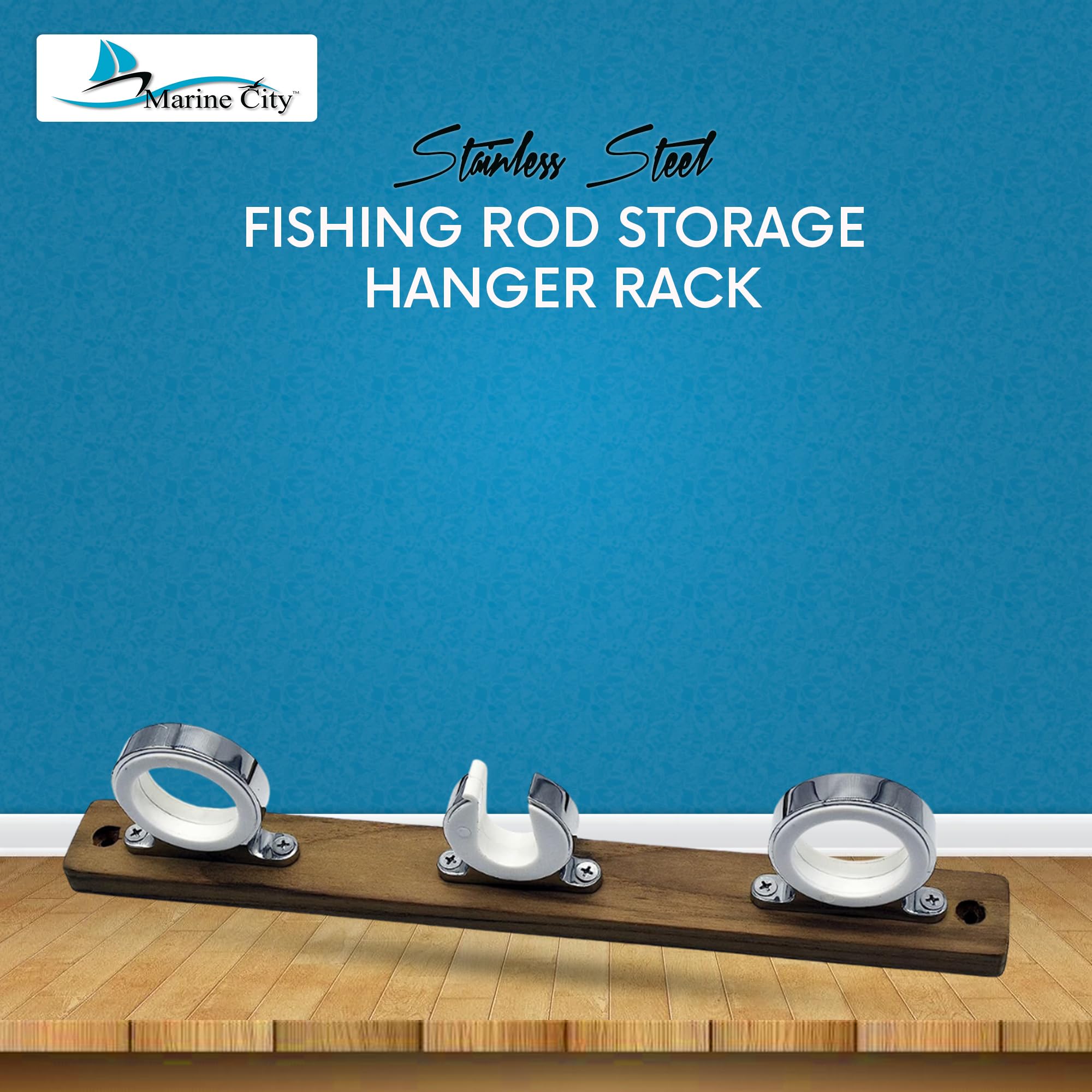 Premium Teak Wood 3-Rod Fishing Reel Holder with 316 Stainless Steel Hooks - Marine Grade Boat Rod Storage Rack for Saltwater & Freshwater Anglers (2.71 Inch Length) - Perfect for Boats, Yachts, Trucks, RV Camping & Garage Organization