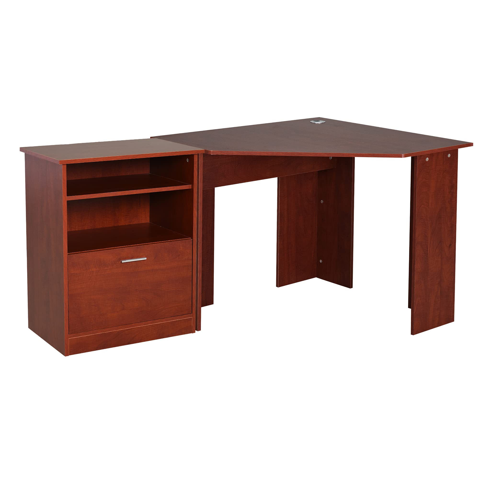 HOMCOM L-Shaped Computer Desk with Printer Cabinet & Storage | Corner Study PC Workstation for Home Office | Cherry Finish | Ideal for Small Spaces & Home Office Organization
