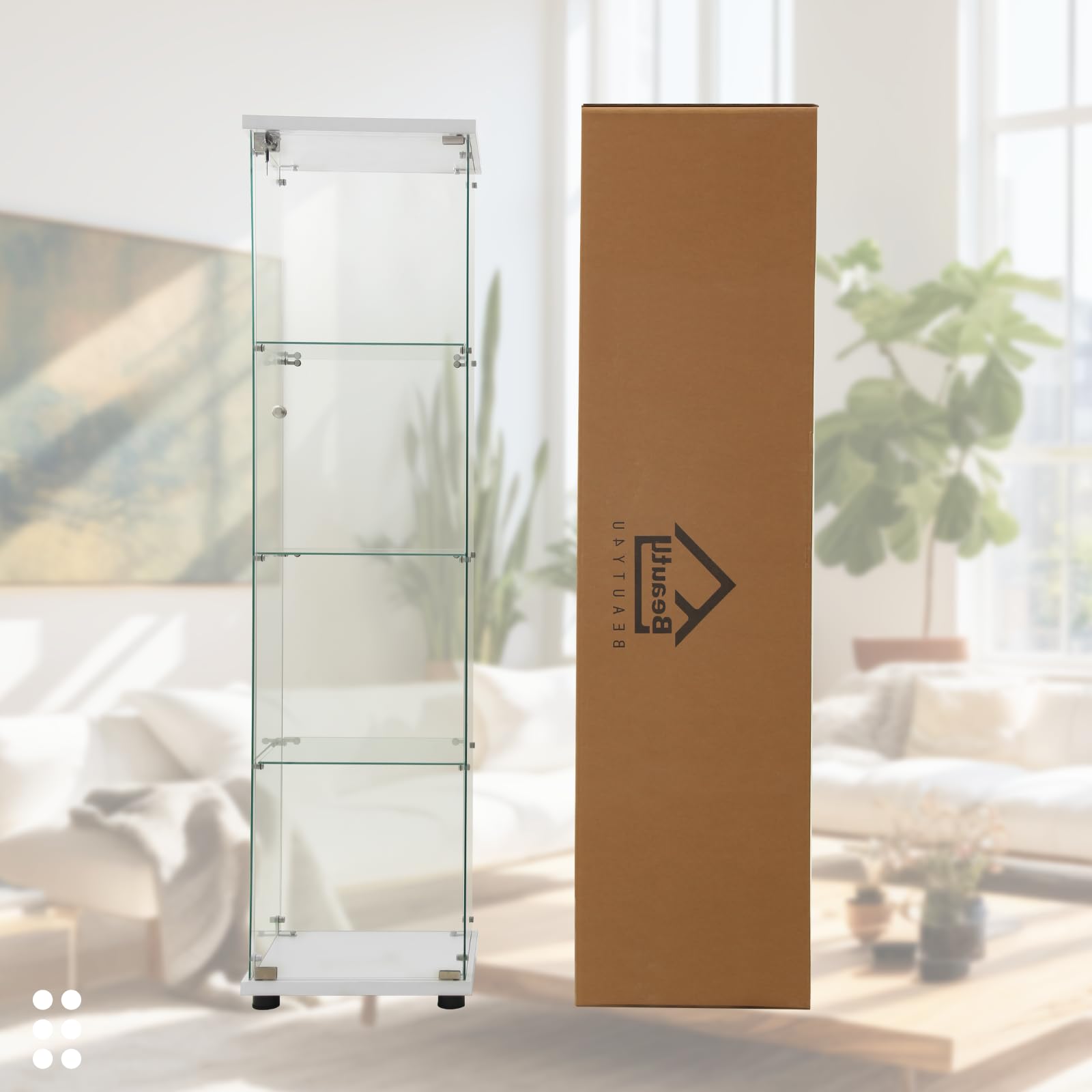 Beauty4U 4-Shelf Glass Display Cabinet - White Floor Standing Curio Cabinet for Living Room, Bedroom & Office - Quick Assembly Glass Bookshelf for Collectibles, Decor & Storage