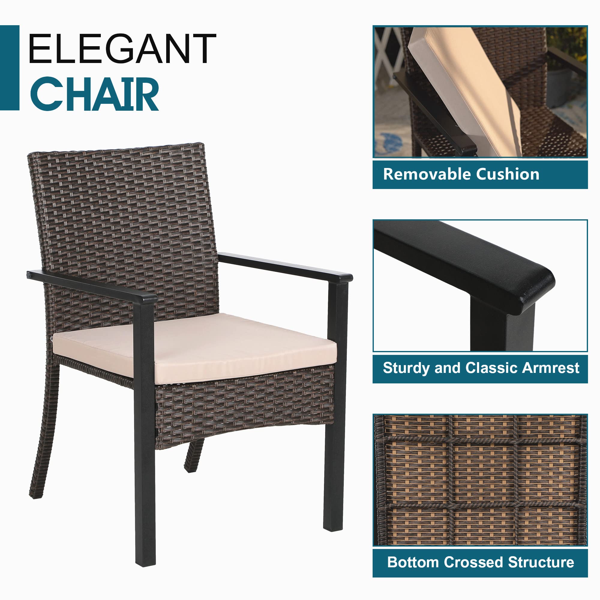MFSTUDIO 4-Piece Patio Rattan Outdoor Wicker Chair Set with Cushions - Brown Woven Wicker Dining Chairs for Porch, Garden & Backyard - Extra Wide Seating for Comfortable Outdoor Entertaining