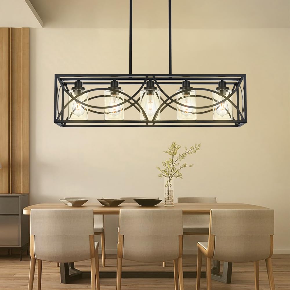 Farmhouse Black Kitchen Island Lighting - 5-Light Rectangular Chandelier with Clear Glass Shades, Linear Pendant Light Fixture for Dining Room, Pool Table, Living Room - Perfect for Rustic Home Decor & Modern Farmhouse Interiors