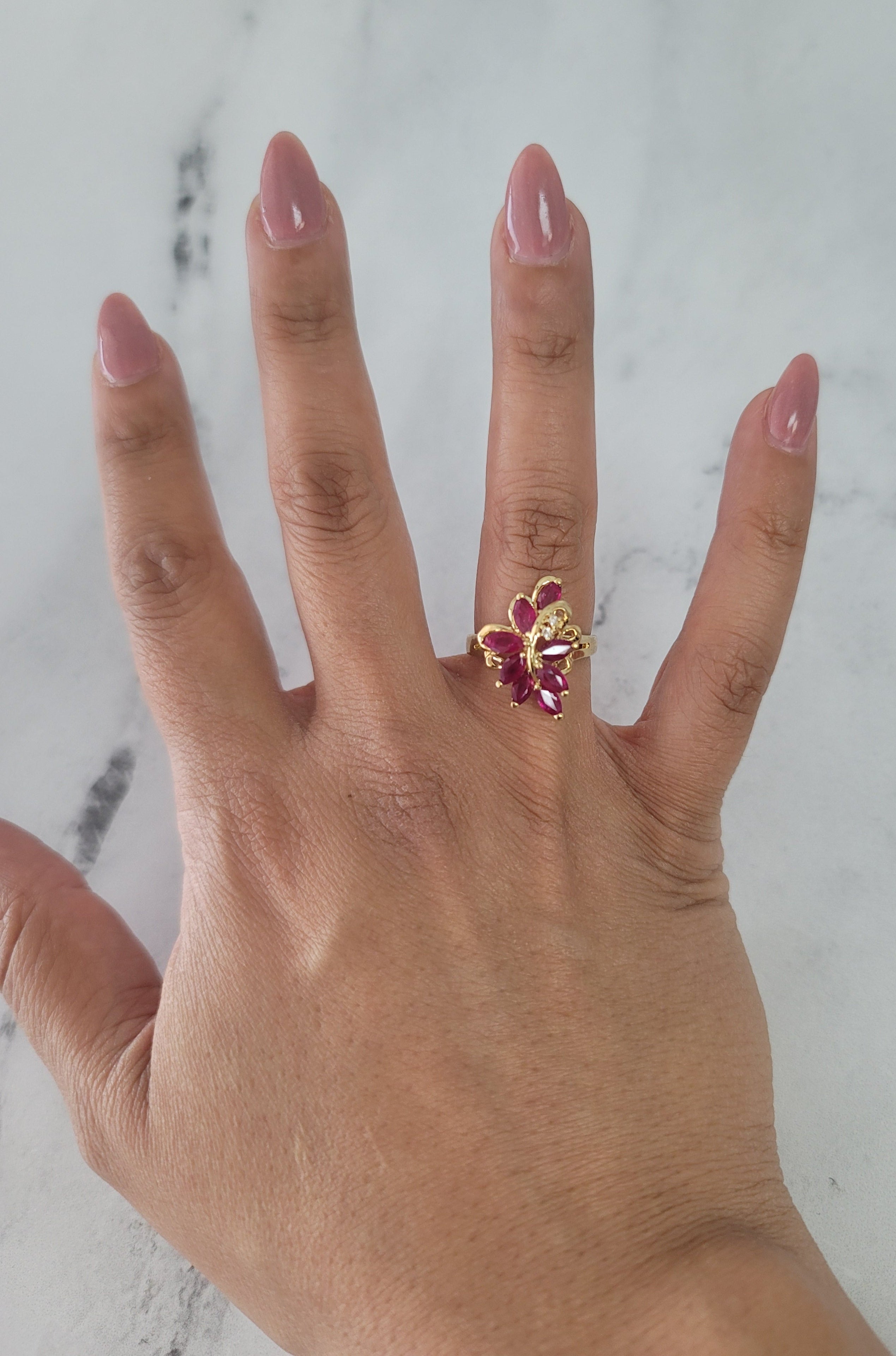 14k Yellow Gold Marquise Ruby Leaf Floral Cluster Ring - Elegant Vintage Jewelry for Weddings, Anniversaries & Special Occasions