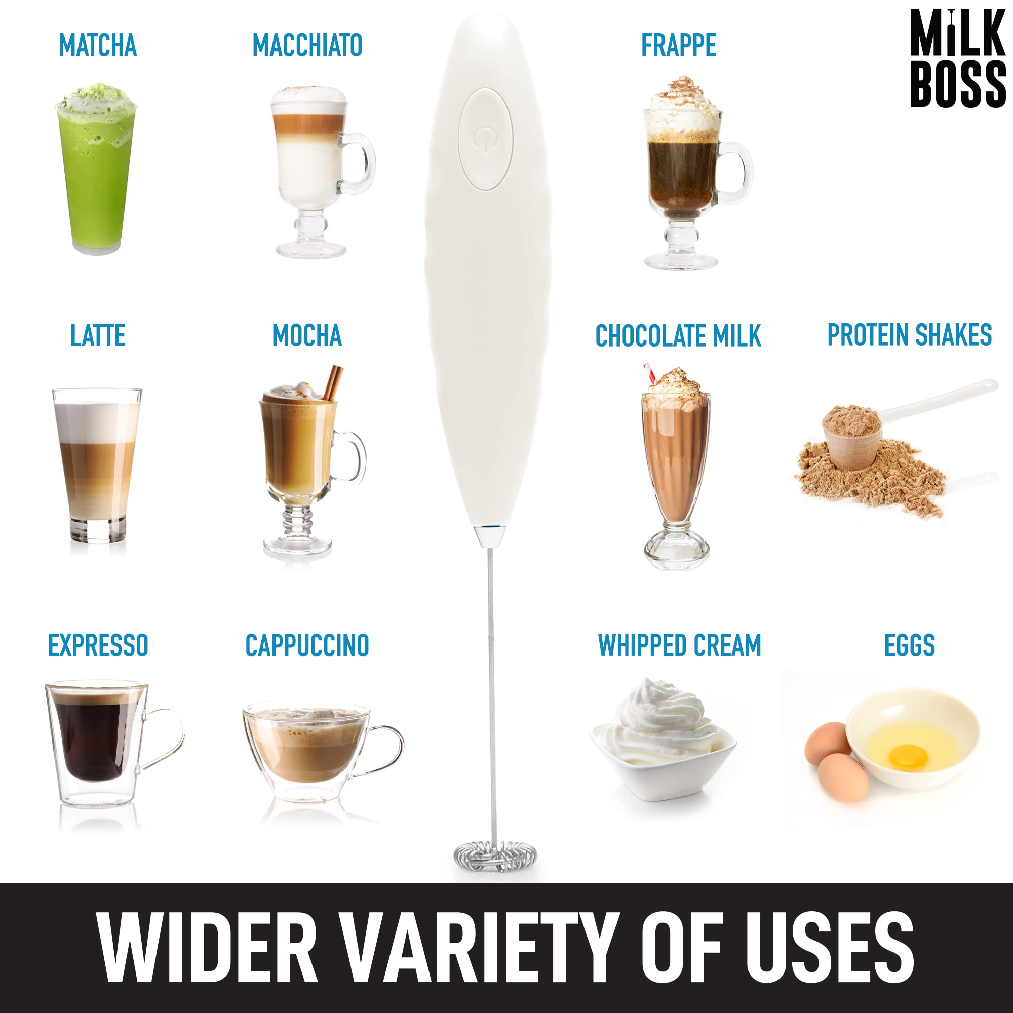 Premium Electric Milk Frother & Matcha Whisk - Handheld Battery-Powered Drink Mixer for Coffee, Latte, Cappuccino & Matcha Tea - Comfort Grip Design with Included Batteries (White) - Perfect for Home, Office & Cafe Use