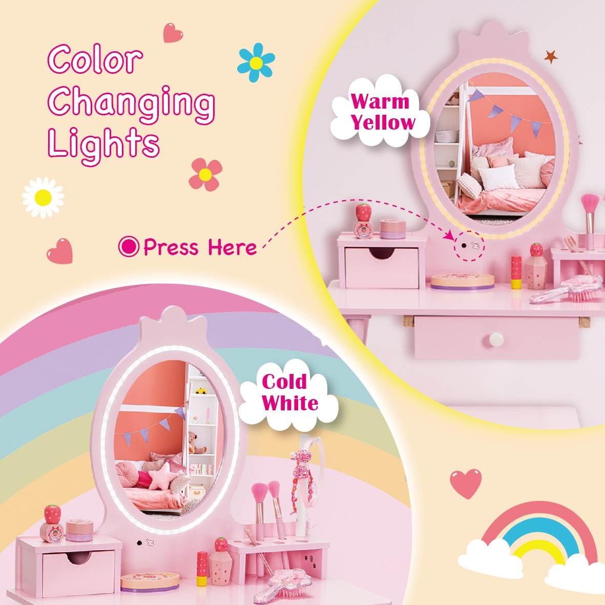 Wooden Princess Vanity Set with Table & Stool - Kids Makeup Dressing Desk with LED Lights, Mirror, Large Drawer & Jewelry Storage - 2-in-1 Pretend Play Set for Little Girls - Perfect for Bedroom Decor, Birthday Gifts & Role Play Activities