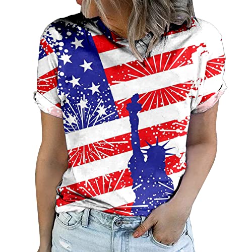 Women's American Flag T-Shirt - Short Sleeve Round Neck USA Patriotic Top for 4th of July, Independence Day & Summer - Black Cotton Tee for BBQ, Beach & Casual Outings