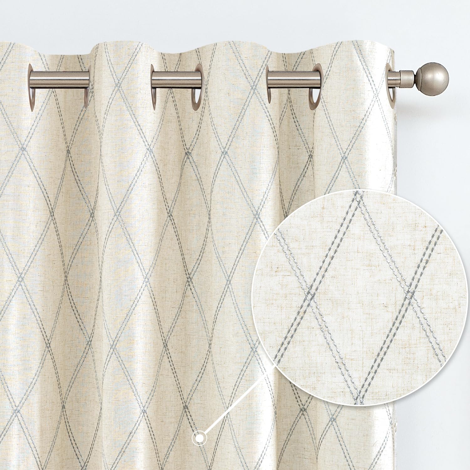 Premium Linen Curtains for Living Room & Bedroom - Grey Diamond Embroidered Geometric Window Drapes with Grommet Top, 63