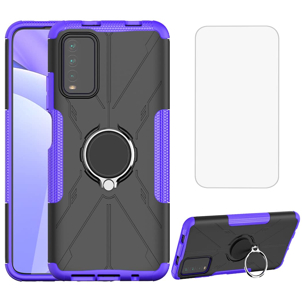 Premium Shockproof Phone Case for Redmi 9T/Poco M3/Redmi Note 9 4G M2010J19SL with Tempered Glass Screen Protector & Metal Ring Holder Kickstand - Durable Protection Cover for Xiaomi Redmi 9T (Purple) | Perfect for Work, Travel & Everyday Use