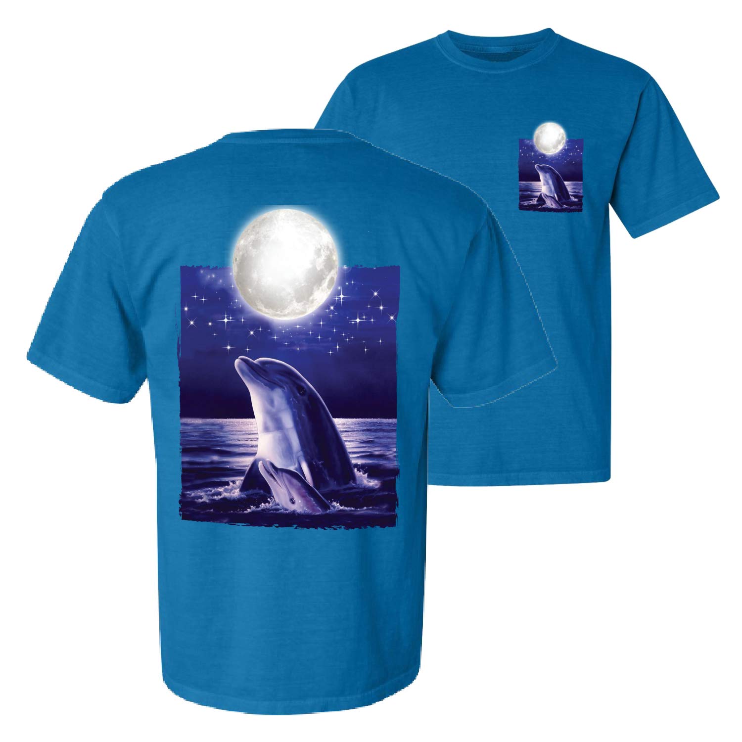 Nautical Full Moon Bottlenose Dolphin T-Shirt - Animal Lover Graphic Tee - Front & Back Garment-Dyed Short Sleeve Cotton Shirt - Perfect for Beach Outings, Ocean Conservation Events & Casual Wear