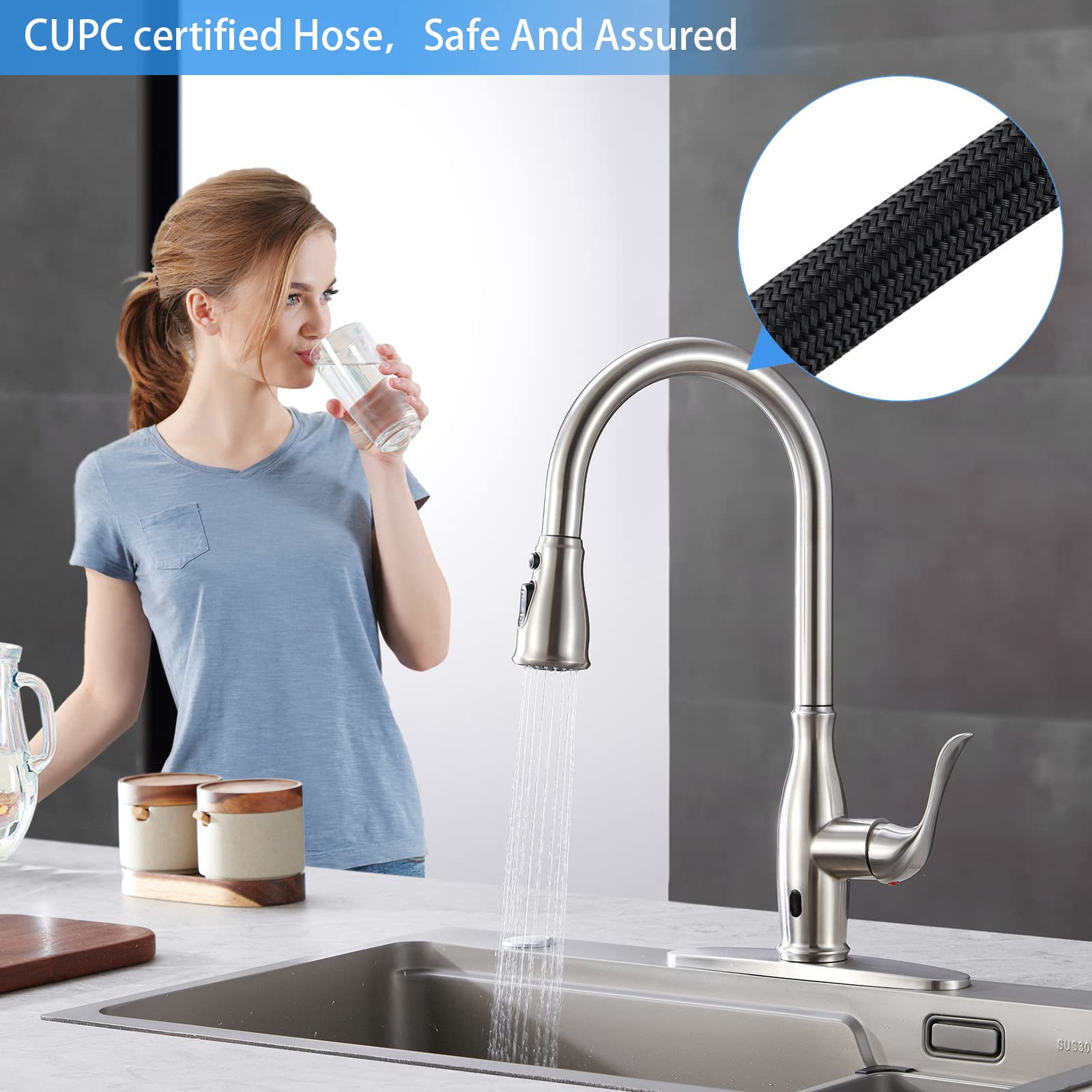 Hands-Free Kitchen Faucet with Motion Sensor - Pull Down Sprayer, Stainless Steel Finish for Modern Kitchens