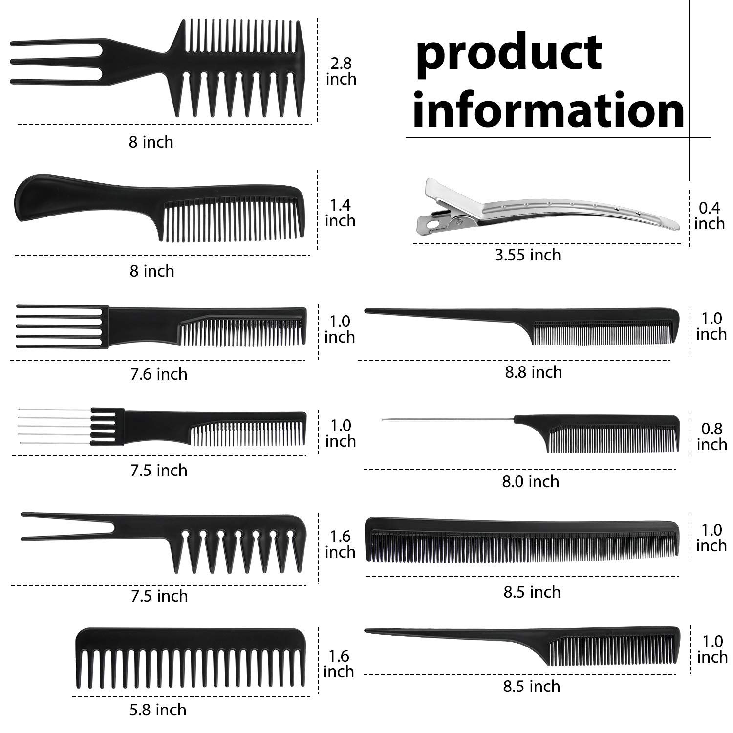 10 PCS Professional Hair Comb Set for Women & Men - Wide Tooth, Rat Tail & Styling Combs with 6 Steel Hair Clips - Perfect for Curly, Straight & All Hair Types - Salon & Home Hair Styling Essentials