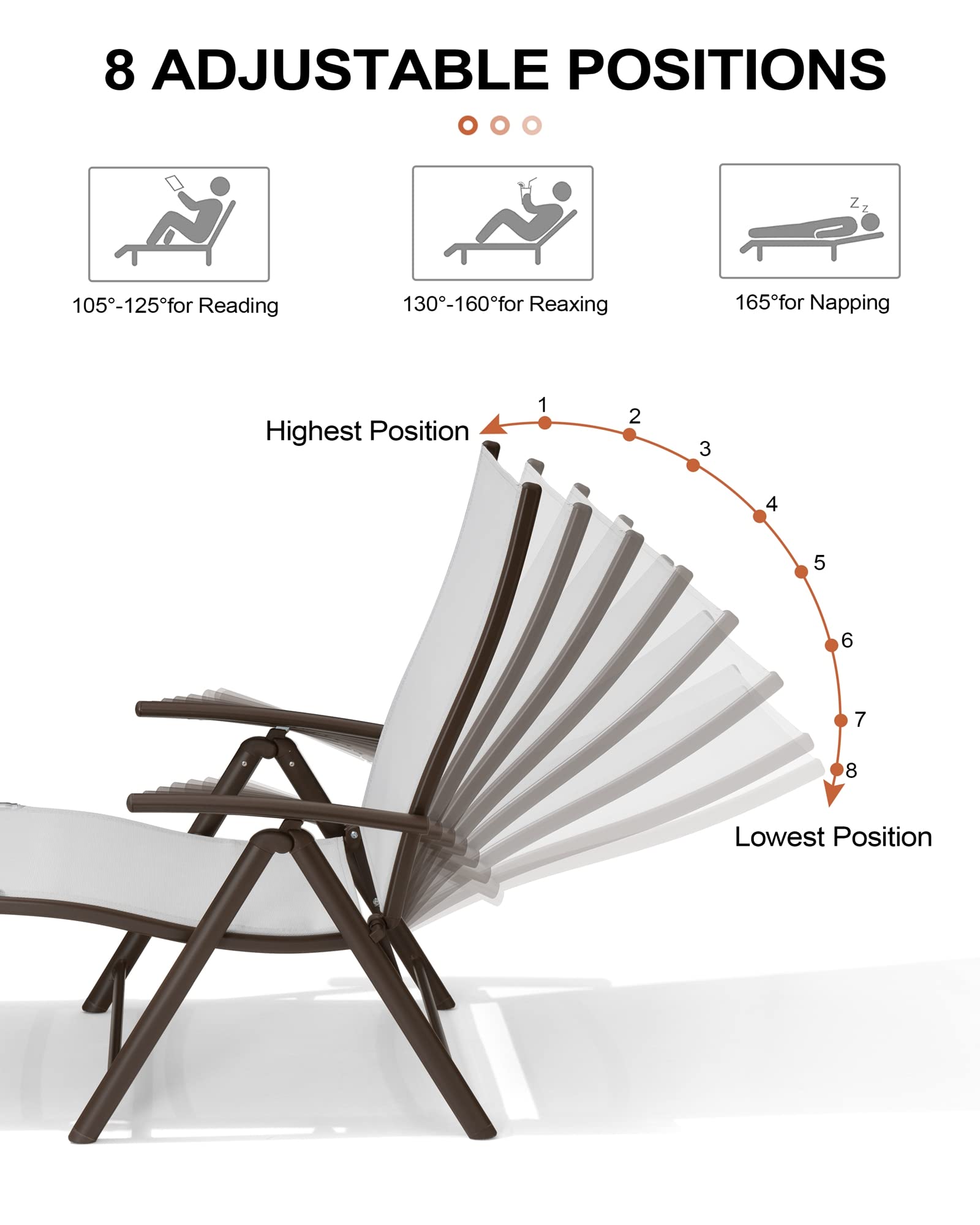 Crestlive Folding Patio Chaise Lounge Chair - Adjustable Aluminum Outdoor Pool Recliner with 8 Positions, No Assembly Required - Perfect for Backyard, Beach, and Poolside Relaxation