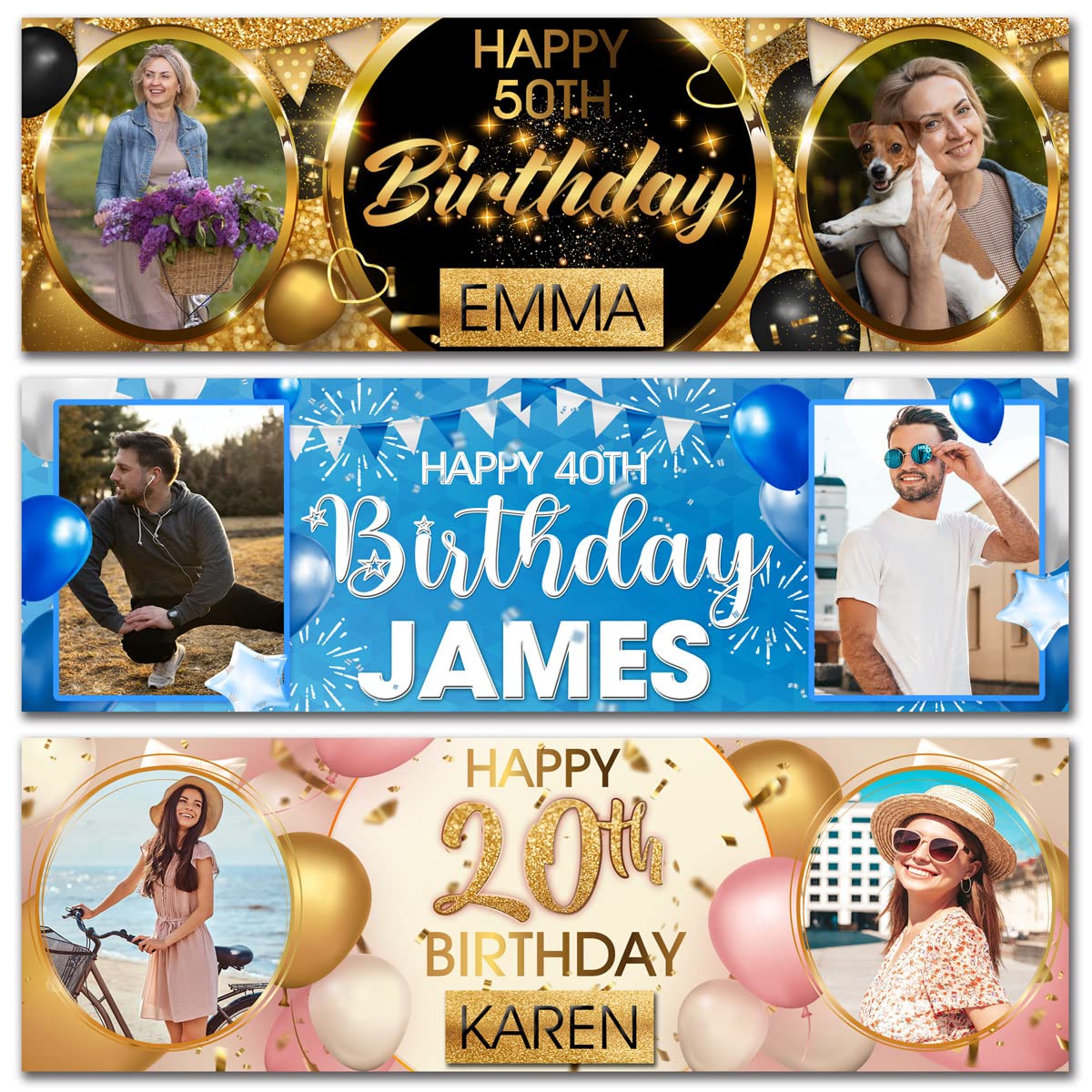 Custom Photo Birthday Banner for Men - Blue Party Decoration with Balloons for 18th 20th 30th 40th 50th Birthday Celebrations | Perfect for Anniversaries, Milestone Parties & Gift Giving