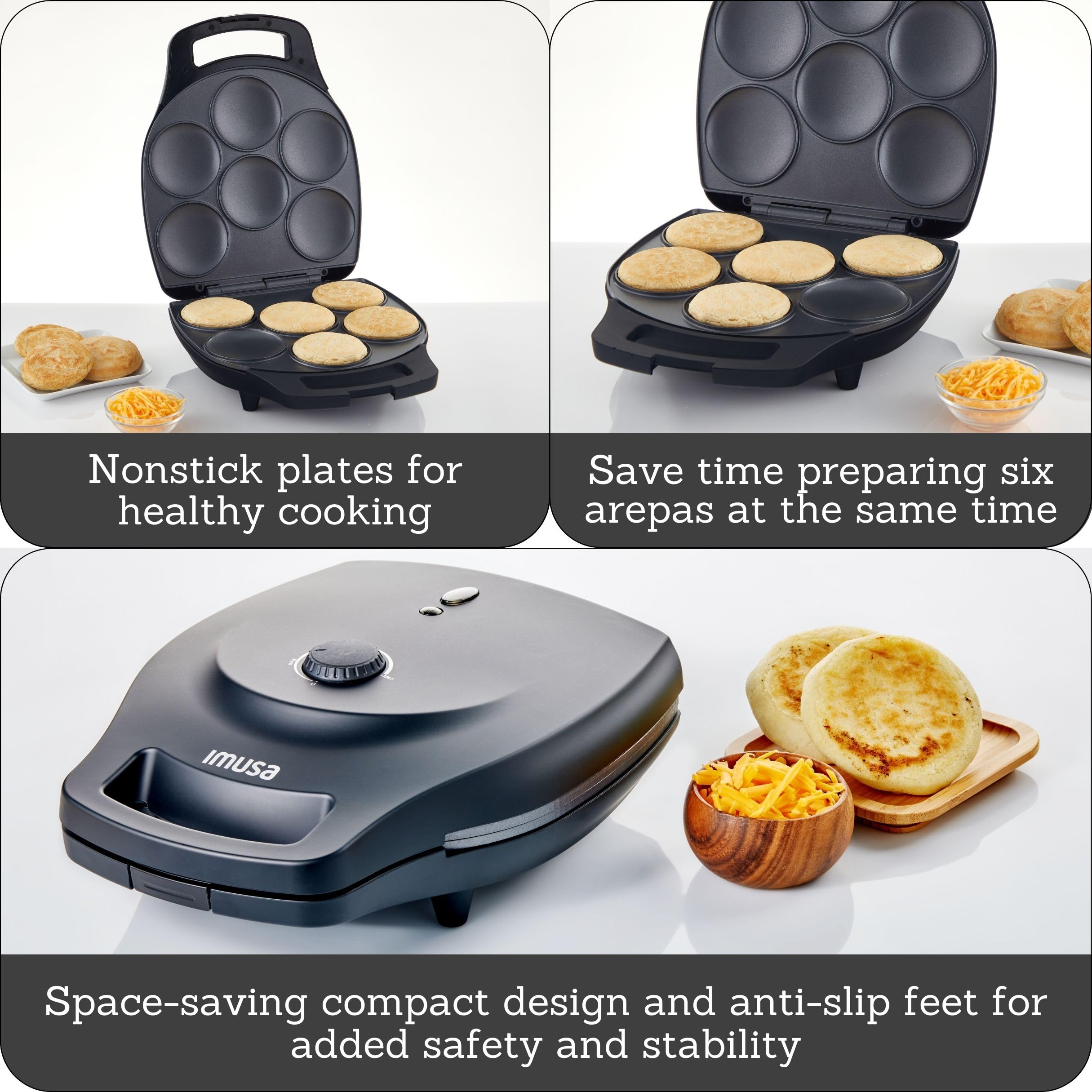 IMUSA 6-Slot Electric Arepa Maker with Adjustable Temperature Control - Matte Black - Perfect for Making Venezuelan & Colombian Arepas at Home