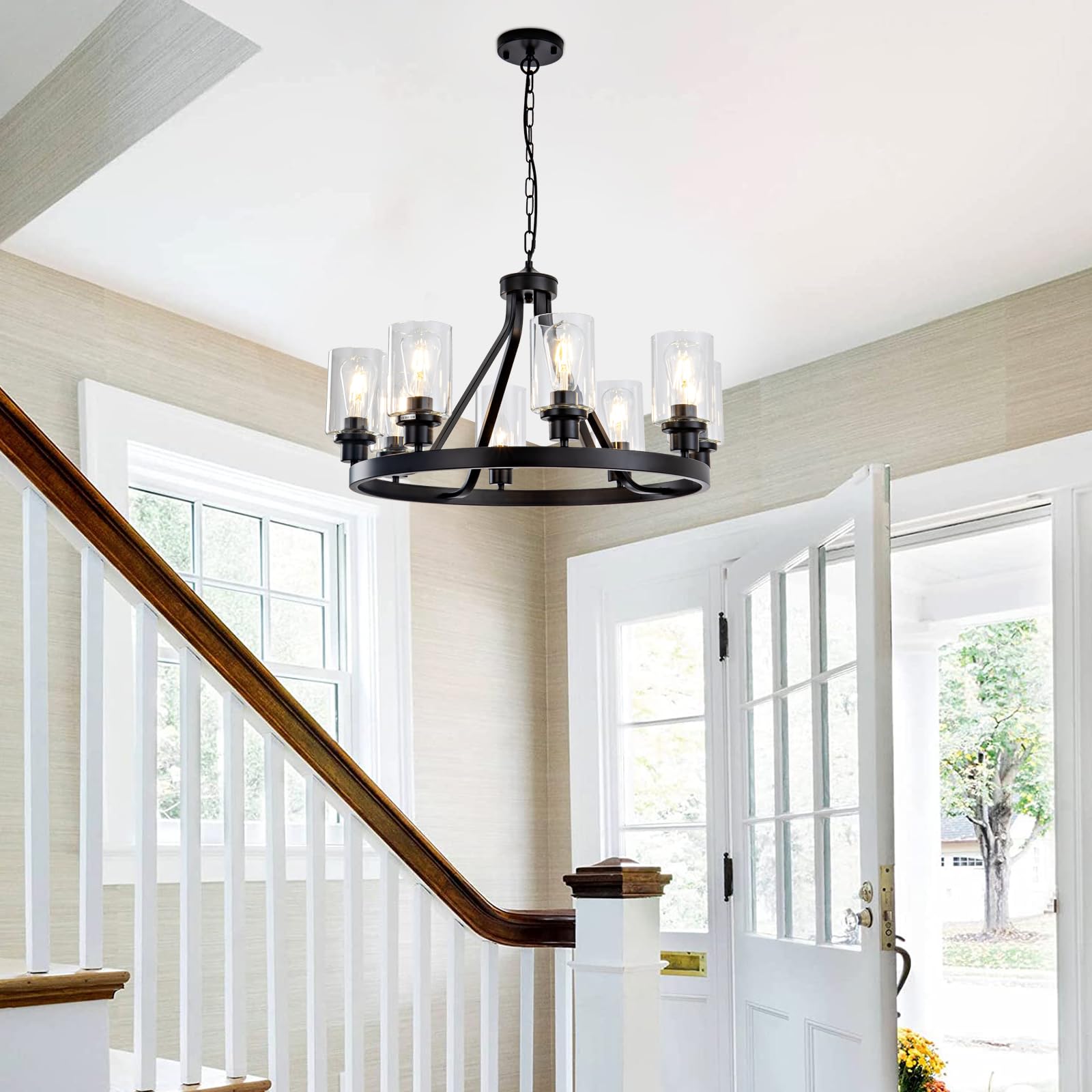 8-Light Black Farmhouse Wagon Wheel Chandelier - Adjustable Height Modern Industrial Rustic Dining Room Light Fixture - Perfect for Kitchen Island, Dining Table, and Living Room Pendant Lighting (E26 Base)