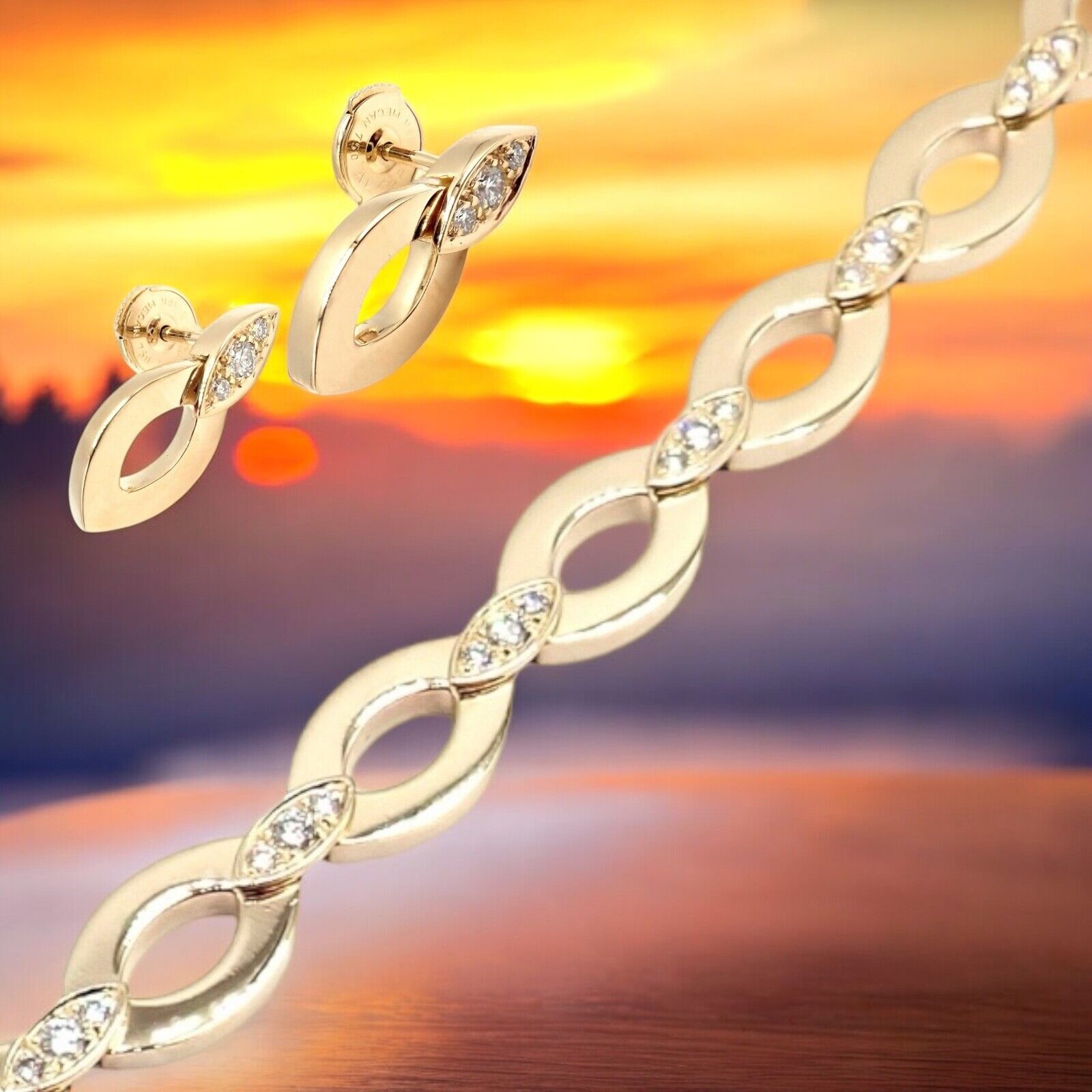 Authentic Cartier 18K Yellow Gold Diamond Diadea Link Bracelet & Earrings Set for Women - Luxury Jewelry Gift for Anniversary, Wedding & Special Occasions
