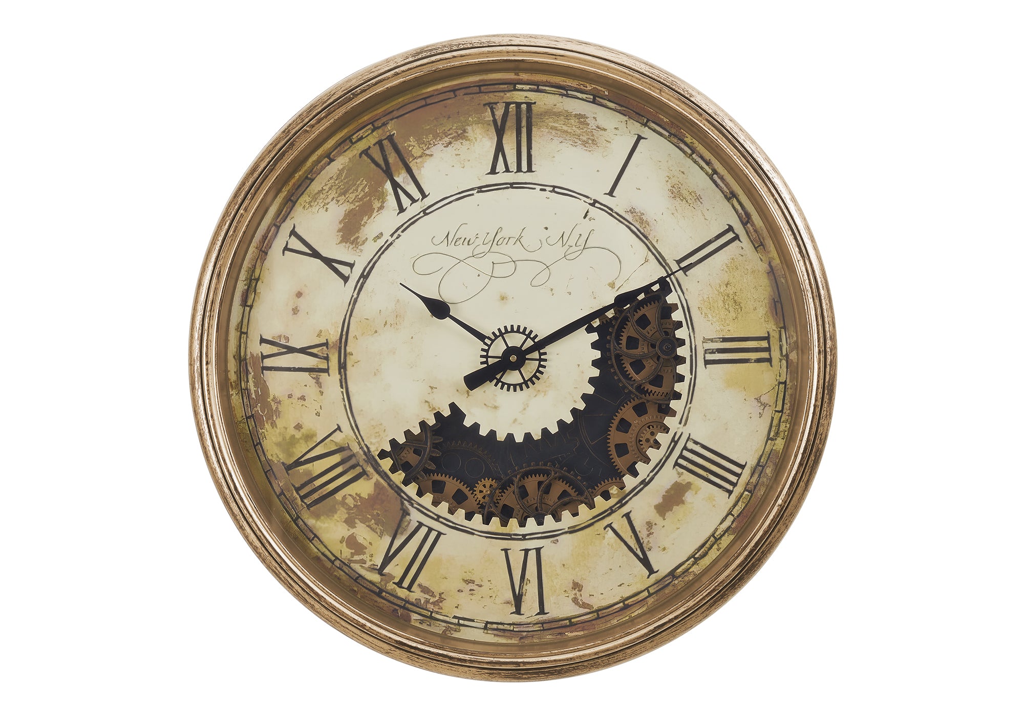30 Inch Antique Gold Wall Clock with Gear Mechanism - Large Oversized Transitional Design for Living Room, Bedroom & Office Decor