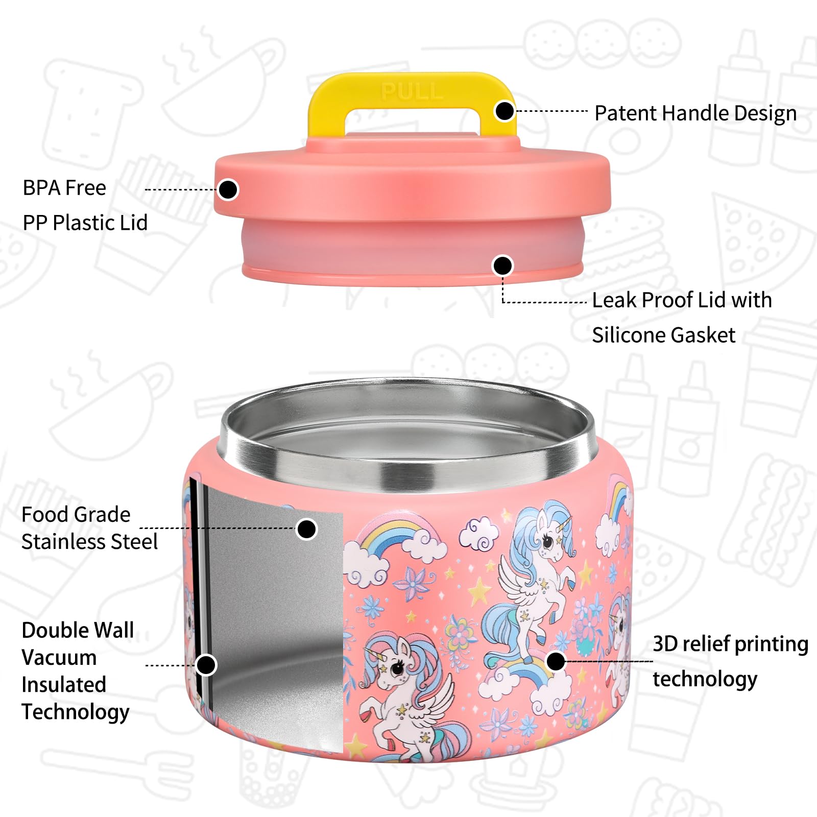 MAISON HUIS 8oz Stainless Steel Vacuum Insulated Food Thermos - Wide Mouth Leak Proof Soup Container for Hot & Cold Meals - Perfect for Kids Lunch, School, Travel & Outdoor Activities (Pink Rainbow)