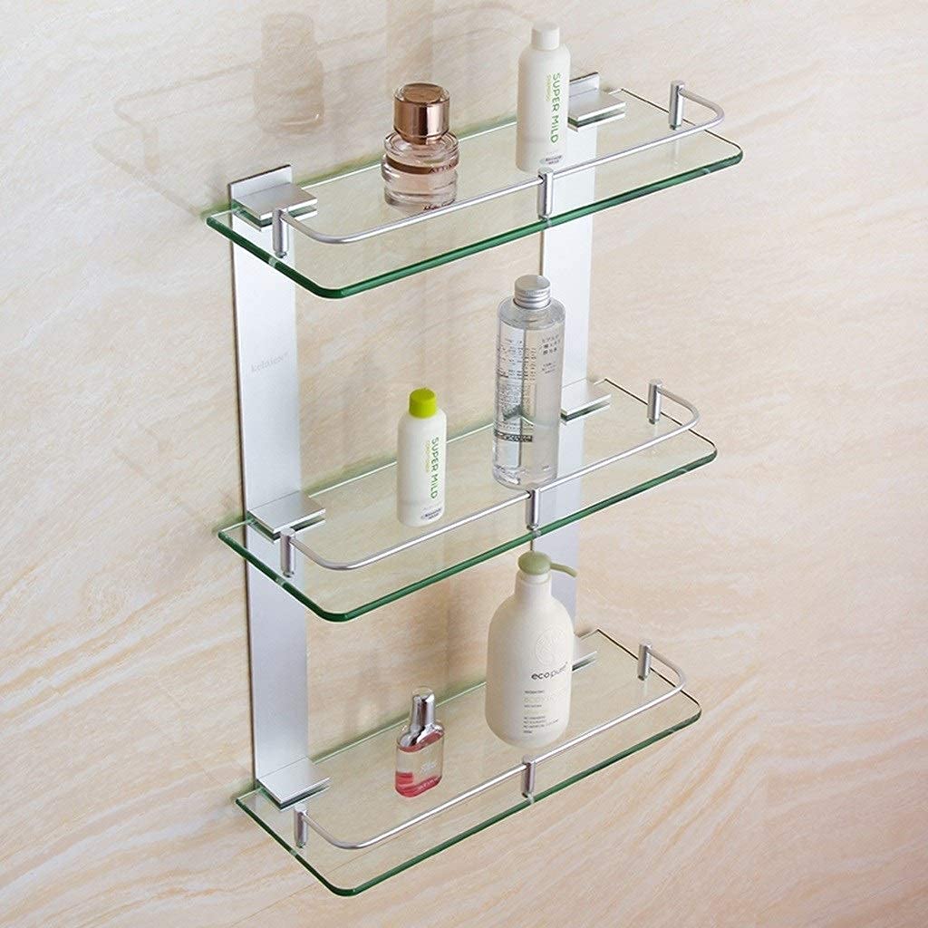 3-Layer Stainless Steel Glass Corner Bath Stand - Modern Rectangular Bathroom Shelf Organizer (450mm) for Shampoo, Soap & Towel Storage