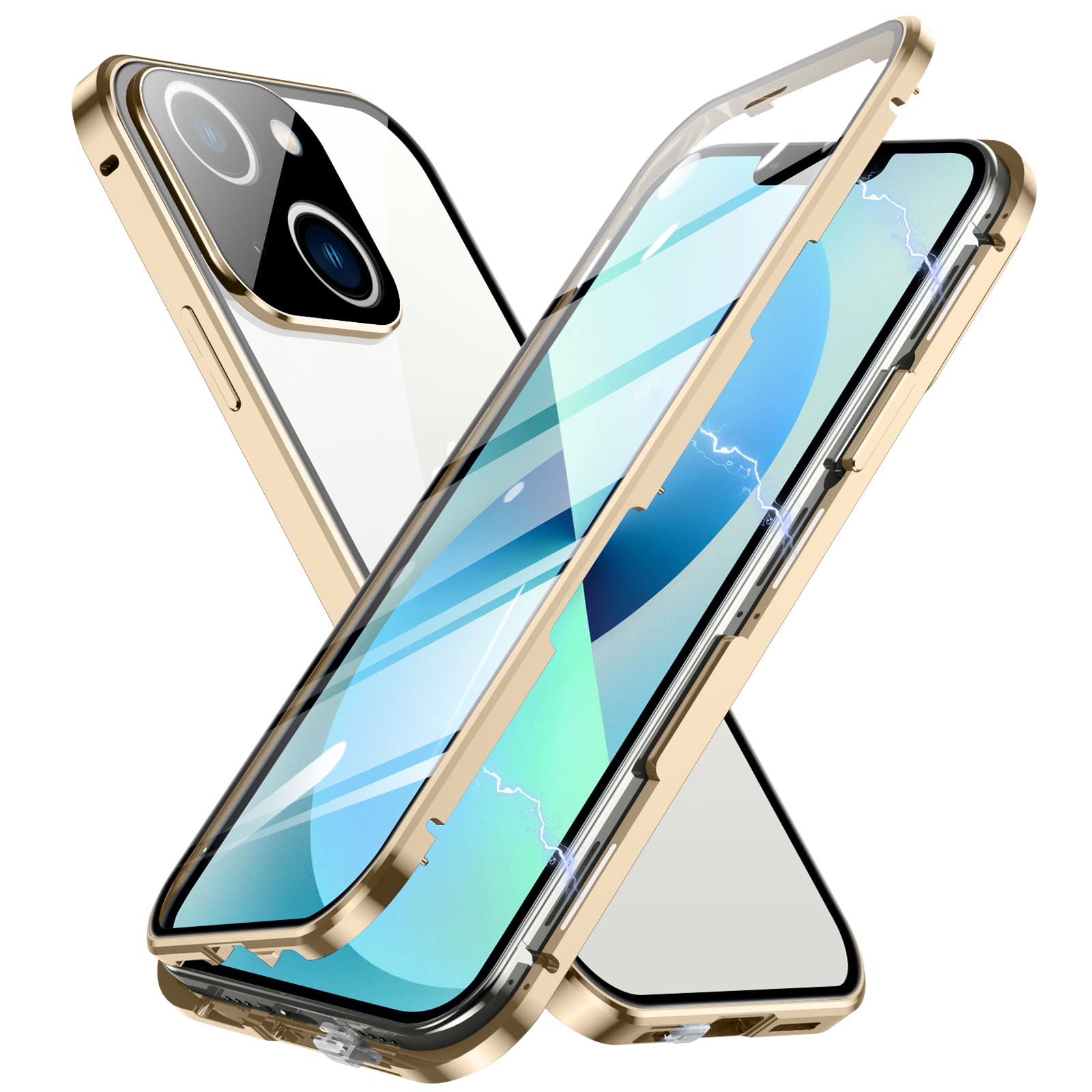 Jonwelsy Magnetic Flip Cover Case for iPhone 13 (6.1 inch) - 360° Front & Back Clear Tempered Glass with Metal Bumper & Lens Protection - Gold | Perfect for Work, Travel & Everyday Use