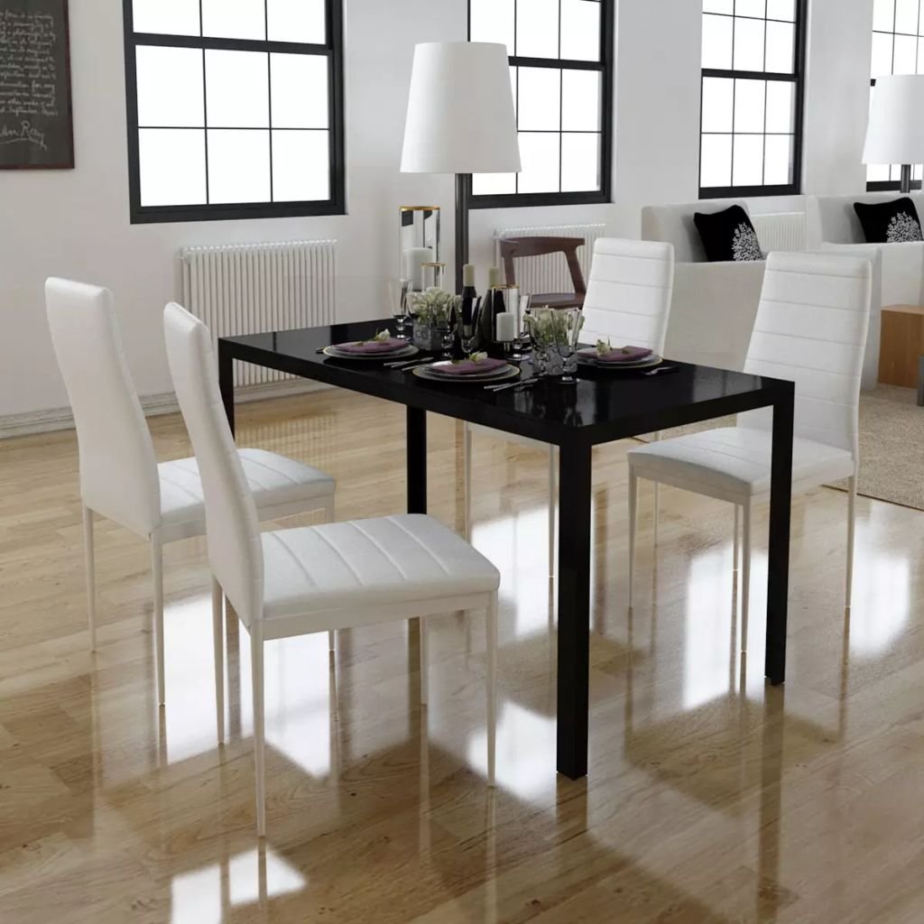 H.BETTER 5-Piece Dining Set - Black Glass Table Top with White Artificial Leather Chairs & Iron Legs - Modern Kitchen Dining Room Furniture for 4 People - Perfect for Small Spaces, Apartments, and Family Meals