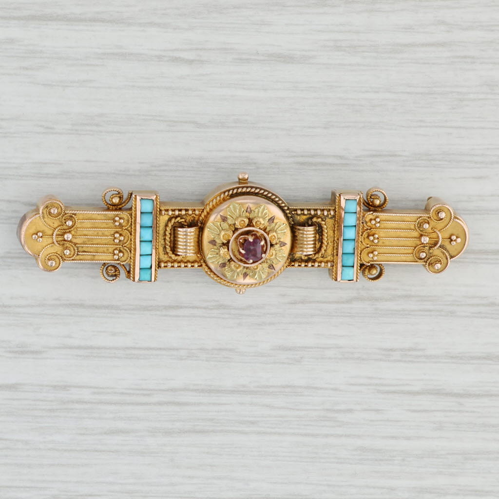 Antique 1800s Floral Brooch - 10k & 14k Gold Victorian Bar Pin with Glass Accents - Perfect for Vintage Jewelry Collections, Bridal Accessories, and Historical Costume Reenactments