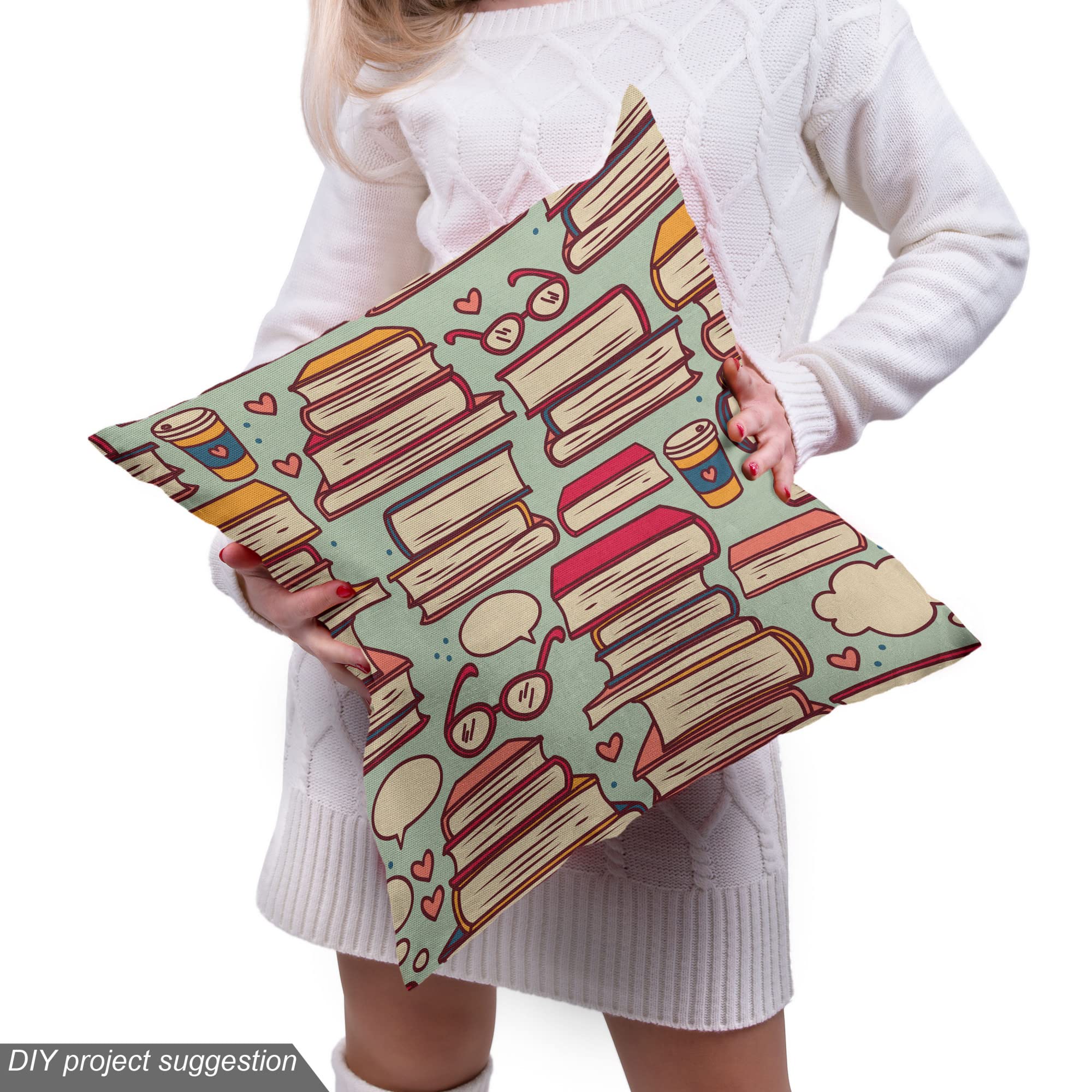 Ambesonne Cartoon Fabric by The Yard - Stack of Books with Coffee Cups & Eyeglasses Retro Nerdy Print - Decorative Upholstery Fabric for Sofa, Curtains & Home Decor - 10 Yards Pink Sage Green - Perfect for Book Lovers & Coffee Enthusiasts