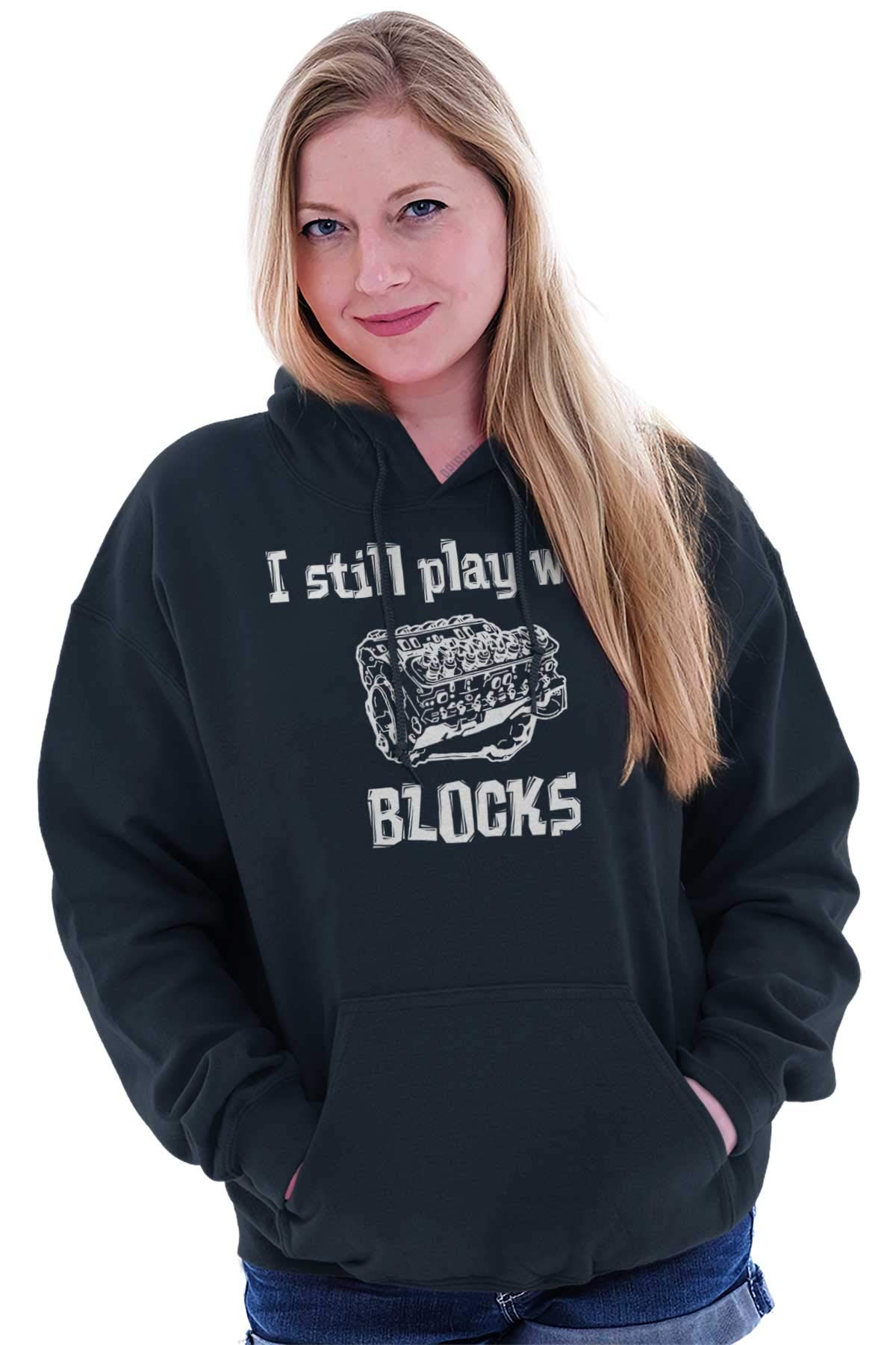 Brisco Brands Play With Blocks Car Engine Mechanic Hoodie - Unisex Pullover Sweatshirt for Men & Women - Perfect for Auto Enthusiasts, Mechanics, and Casual Wear