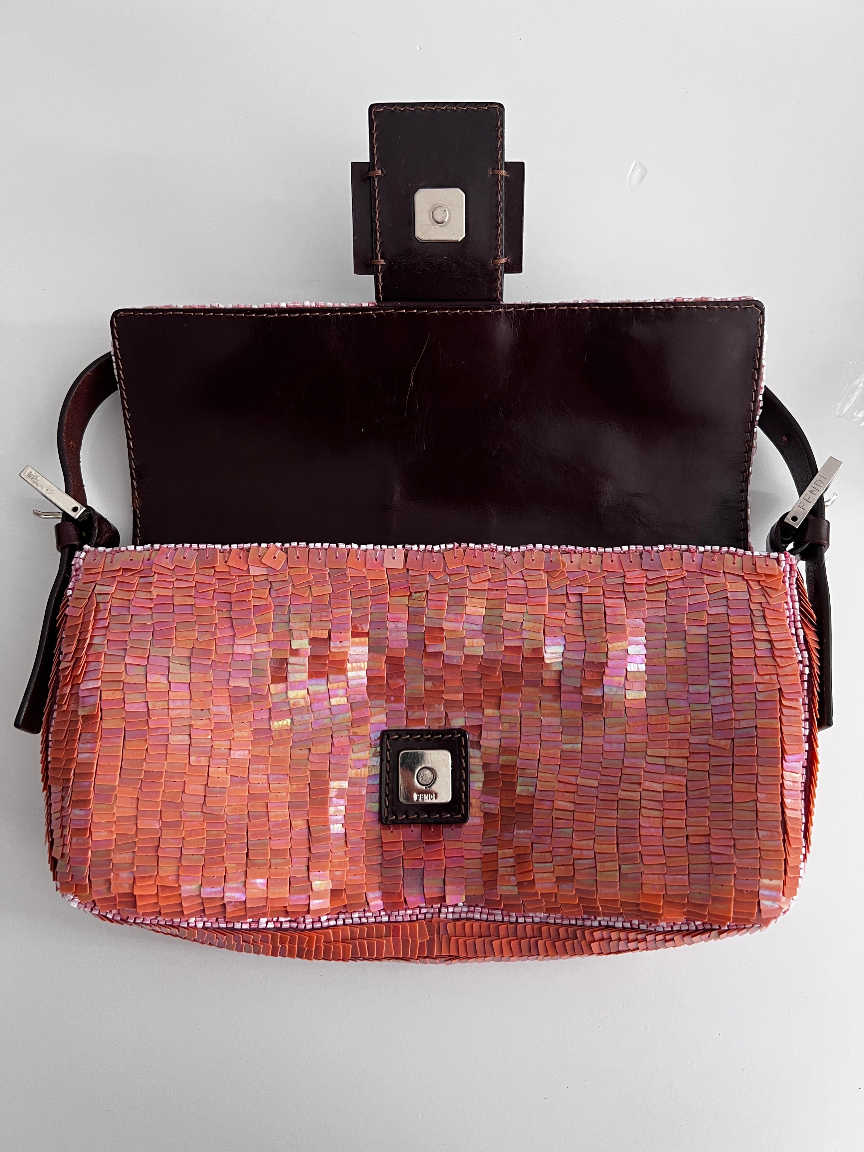 Pre-Owned Fendi Peach Pink Sequin Baguette Shoulder Bag | Vintage Designer Handbag for Women | Perfect for Parties, Weddings & Evening Events