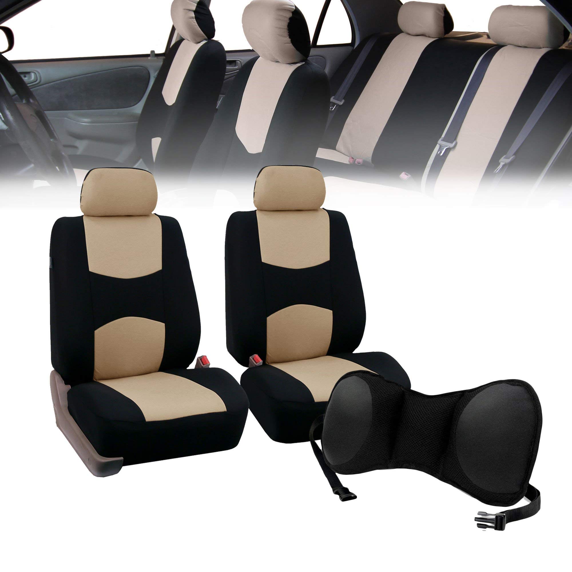 Universal Fit Beige & Black Cloth Car Seat Covers for Sedans & Vans - Dog & Child Proof Seat Protectors with Split Bench Design | Perfect for Family Road Trips, Pet Travel & Daily Commuting