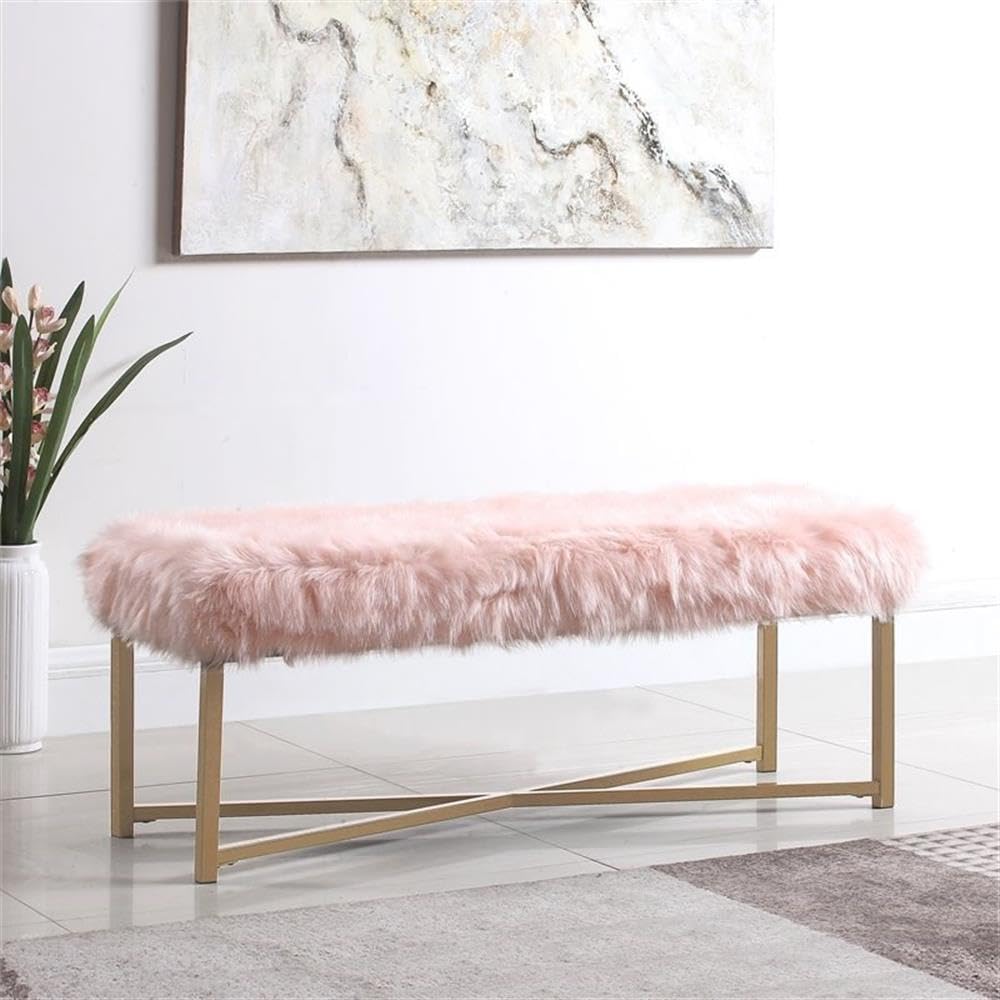 HomePop Faux Fur Ottoman Bench - Pink Upholstered Storage Footrest for Living Room & Bedroom | Cozy Home Decor Furniture | Perfect for Small Spaces, Nursery & Dressing Areas