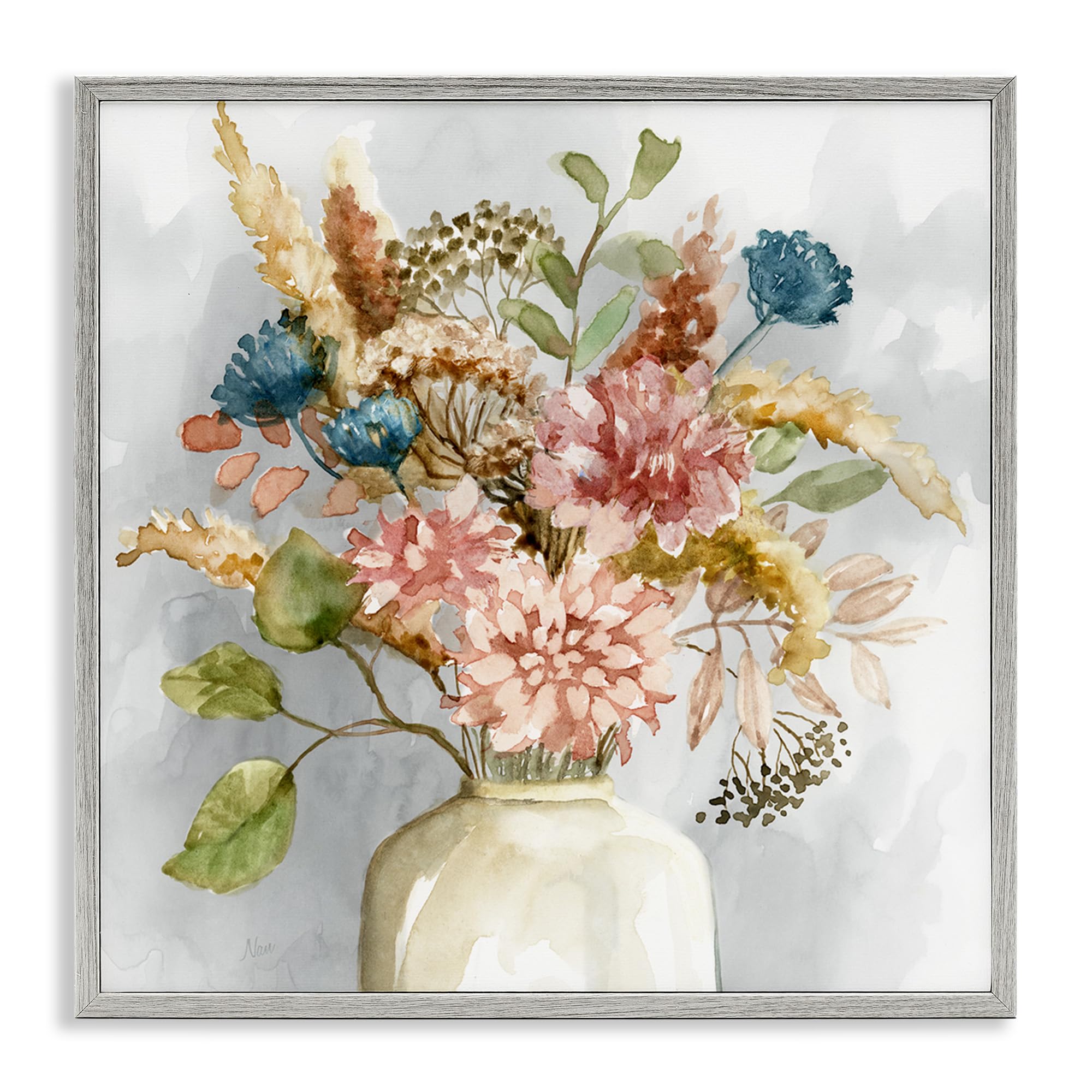 Stupell Industries Wildflower Watercolor Bouquet Floral Painting - 24x24 Grey Framed Wall Art for Living Room, Bedroom & Country Home Decor | Multicolor Botanical Canvas Print