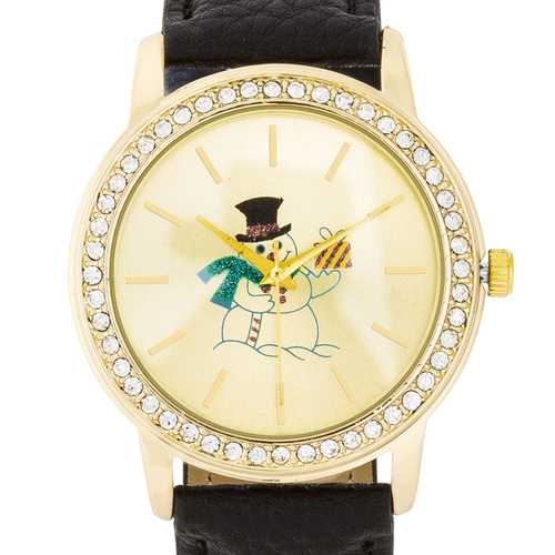 Elegant Gold Snowman Crystal Watch with Black Leather Strap - Perfect for Christmas Gifts, Holiday Parties & Winter Fashion Accessories