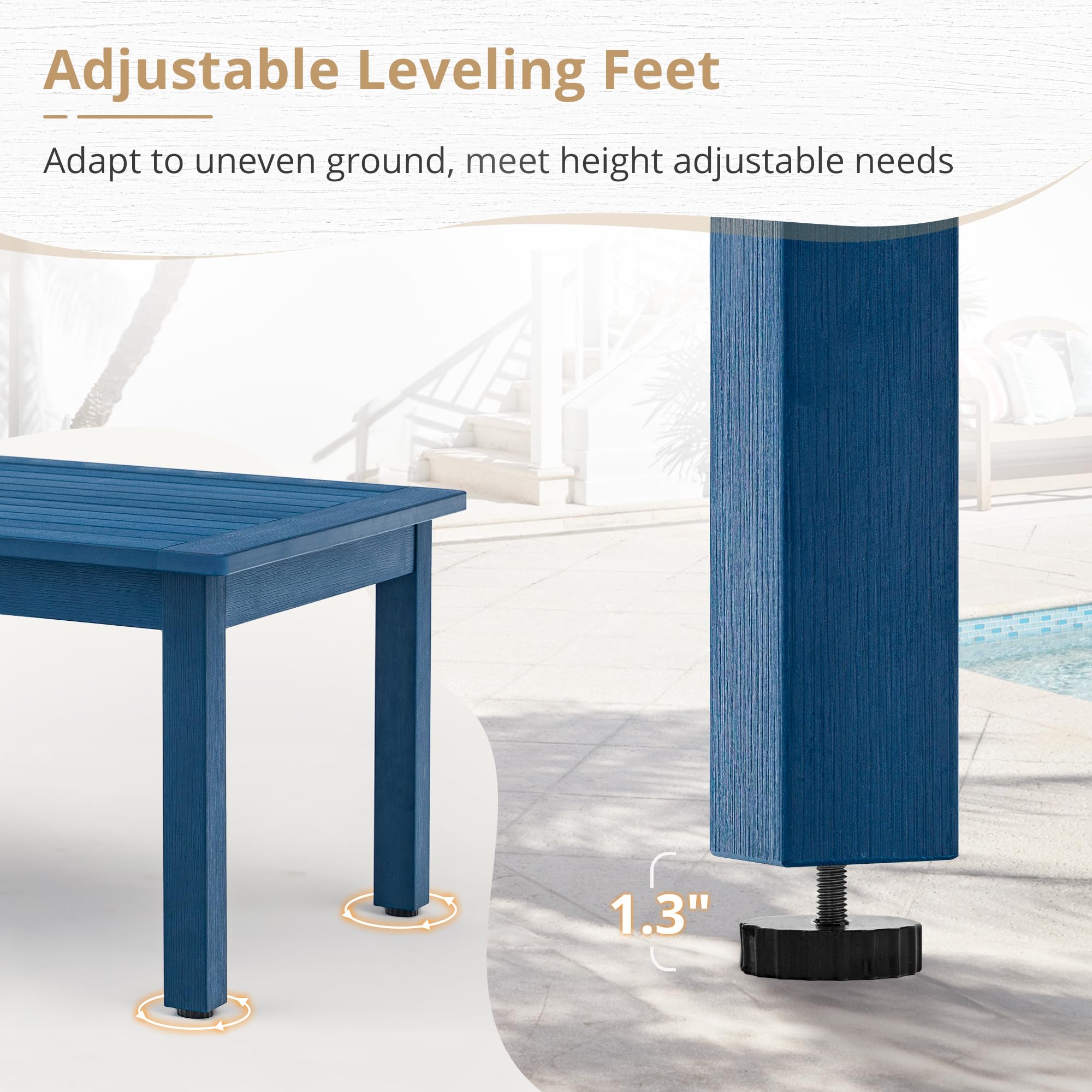 LUE BONA Outdoor Coffee Table - Weather-Resistant Rectangle Patio Table with Adjustable Leveling Feet for Deck, Pool, Balcony - Indoor & Outdoor Use - Navy Blue | Perfect for Backyard Relaxation, Poolside Lounging, and Outdoor Entertaining