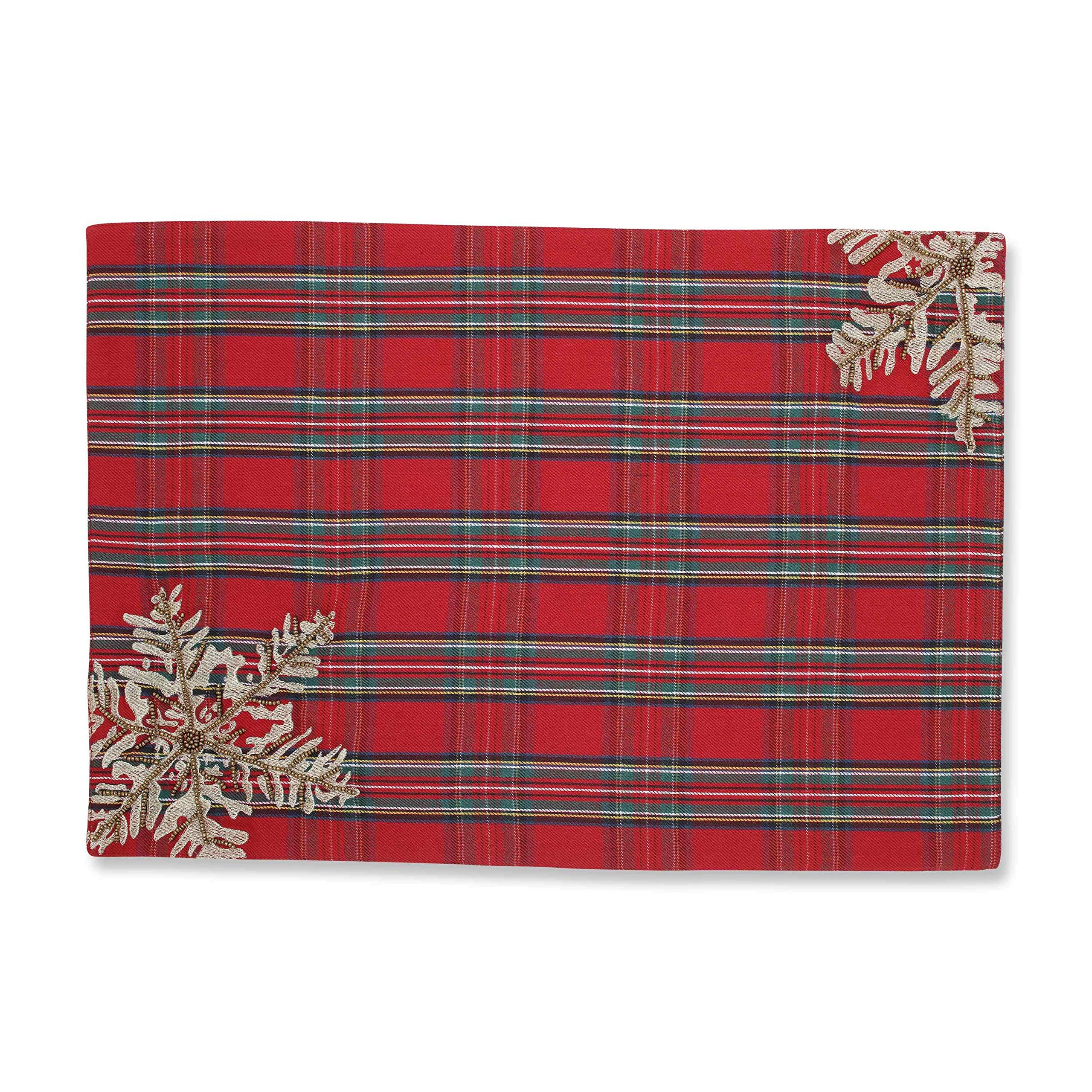 CC Outdoor Living Set of 2 Christmas Snowflakes Plaid Placemats - Red, Green, Silver Holiday Table Decor for Festive Dining & Seasonal Gatherings
