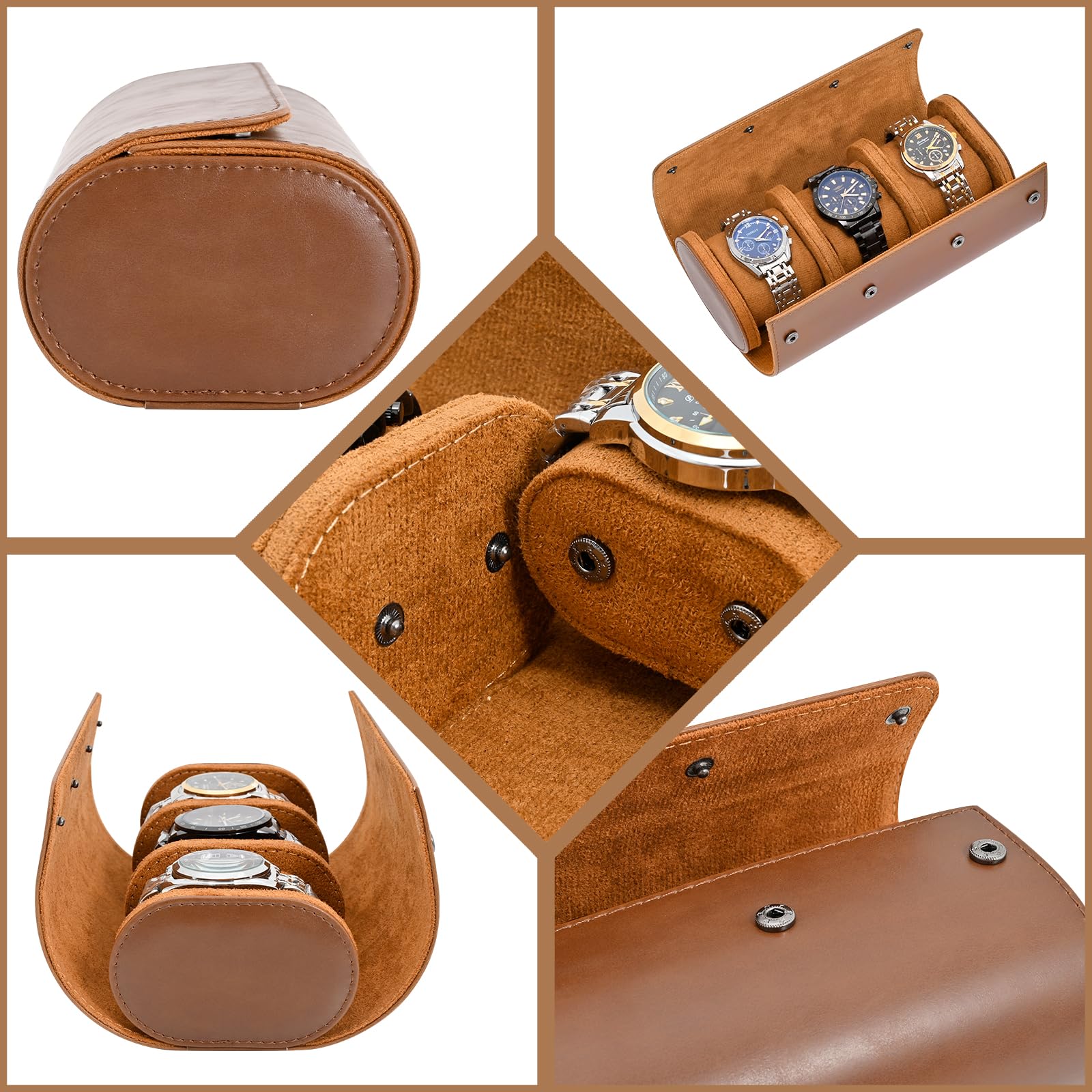 Premium ROSELLE Leather Watch Roll Travel Case - 3 Watch Storage Organizer for Men & Women with Removable Pillows & Solid Dividers - Secure Luxury Watch Display & Protection for Home, Travel & Office (Brown)
