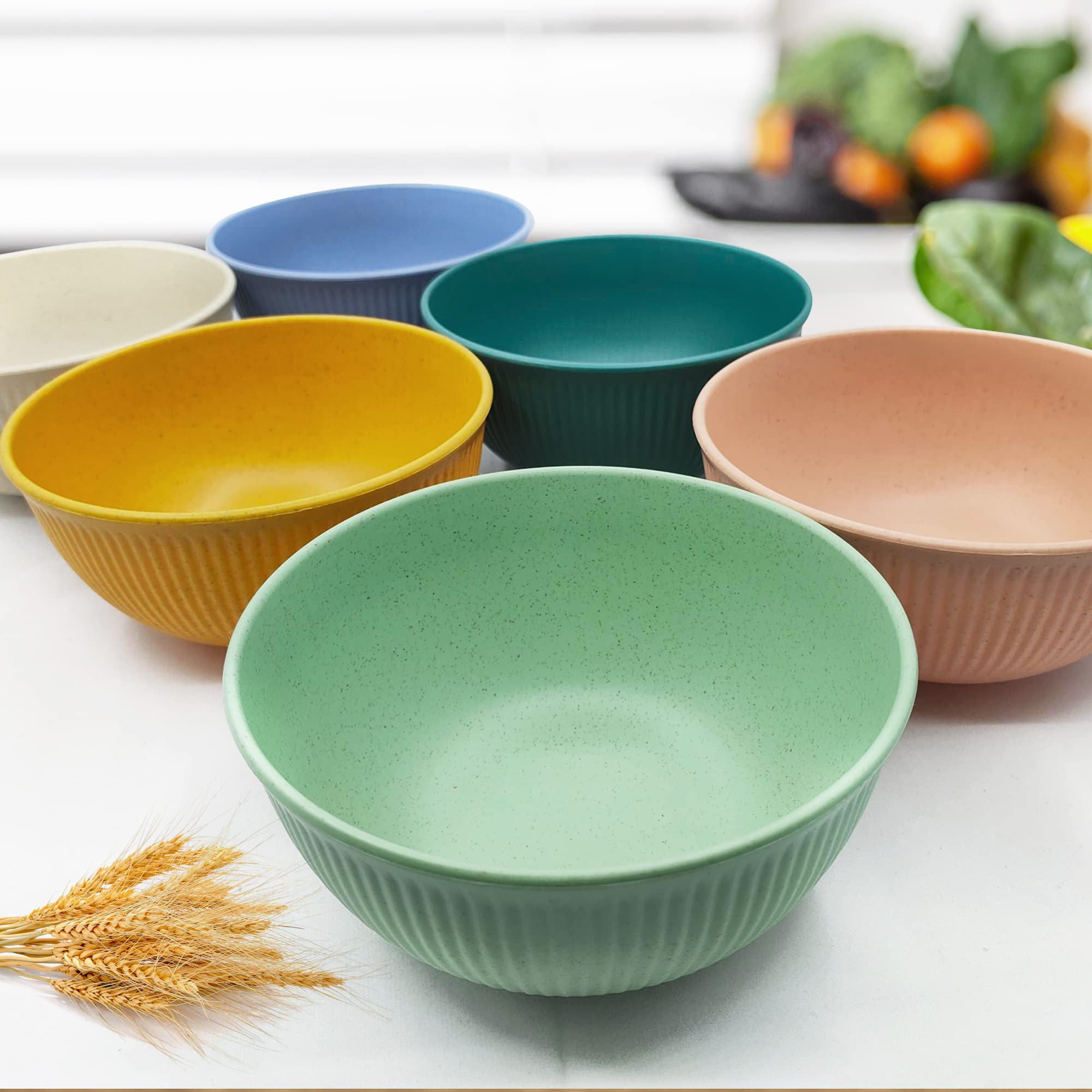 Unbreakable Wheat Straw Bowls Set of 6 - Microwave & Dishwasher Safe for Kitchen, Camping