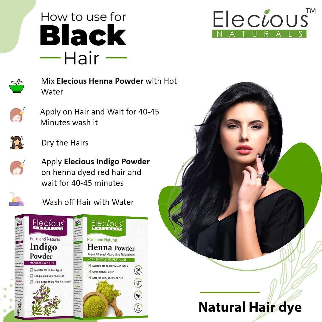 Elecious Naturals Indigo and Henna Powder for Black Hair - 200g Each, Total 400g | 100% Natural Hair Dye for Gray Coverage & Hair Coloring | Perfect for DIY Hair Treatments at Home