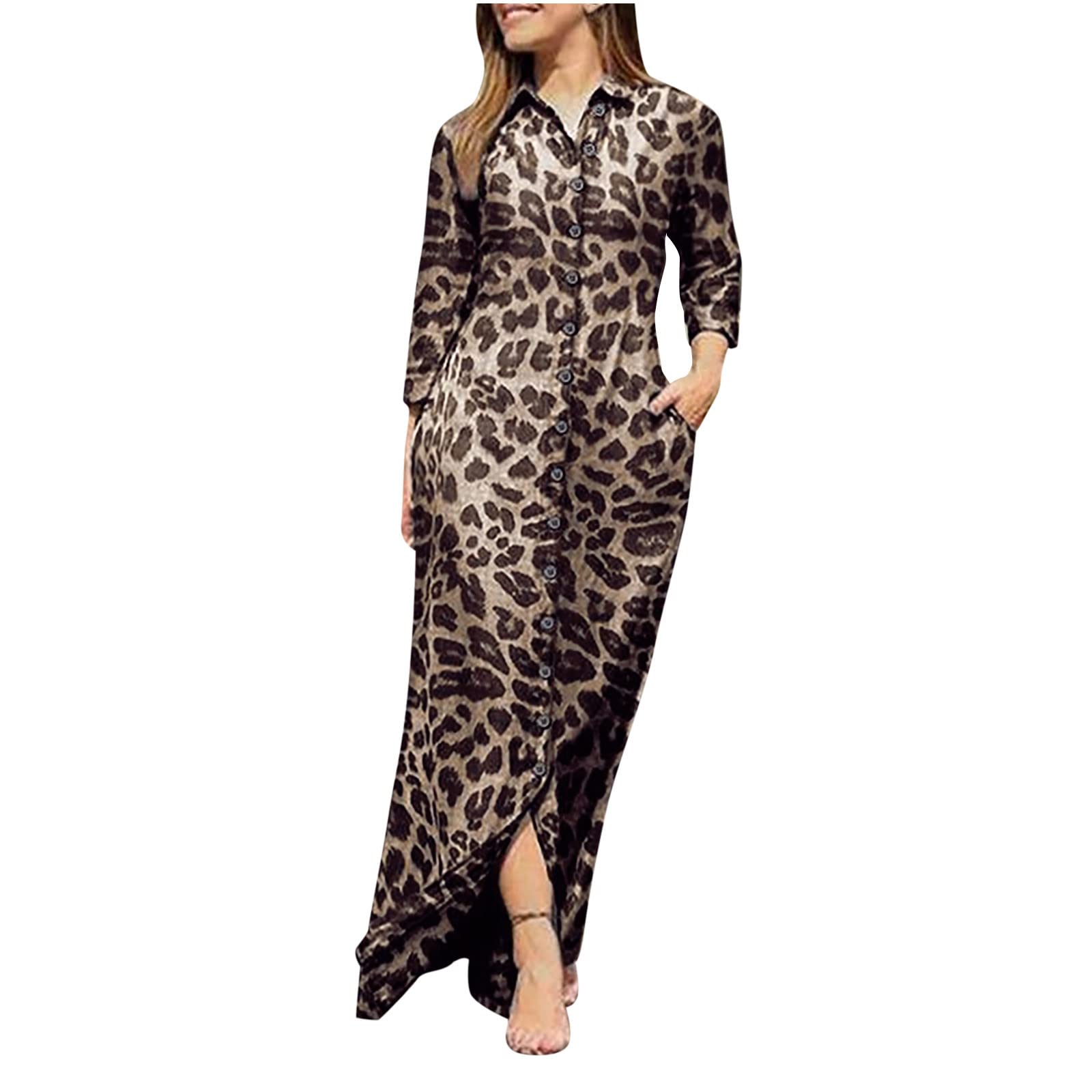 Leopard Print Shirt Dress for Women - Button Down Casual Maxi Dress with Long Sleeves, V-Neck Collar | Elegant Loose Fit for Fall & Winter | Perfect for Office, Date Night & Casual Outings