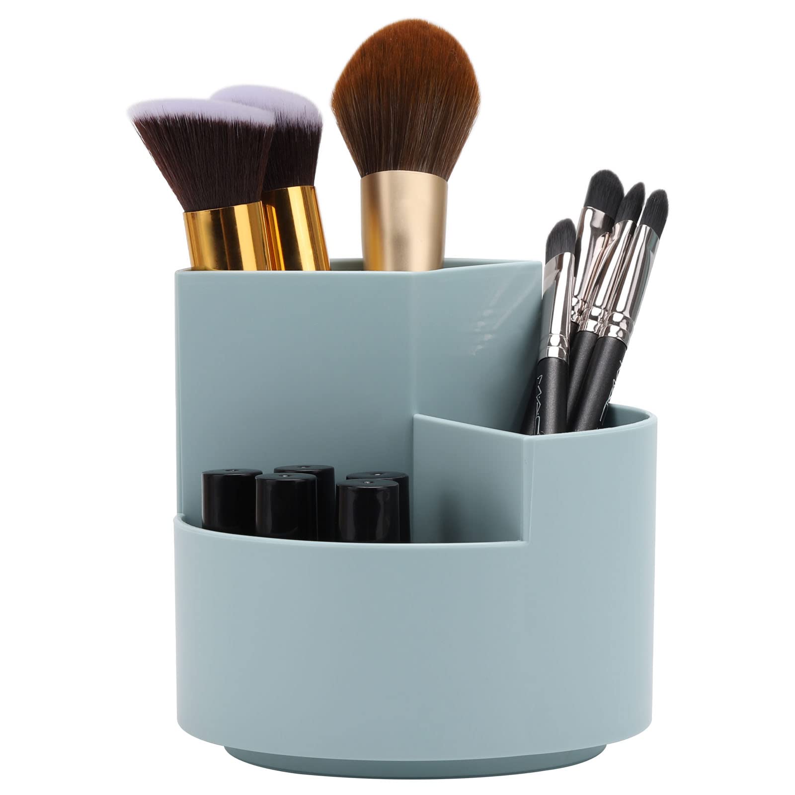 LoveBB 360° Rotating Pencil & Makeup Brush Holder - 3-Slot Desk Organizer for Cosmetics, Pens & Art Supplies | Perfect for Vanity, Office & Craft Room (Blue)