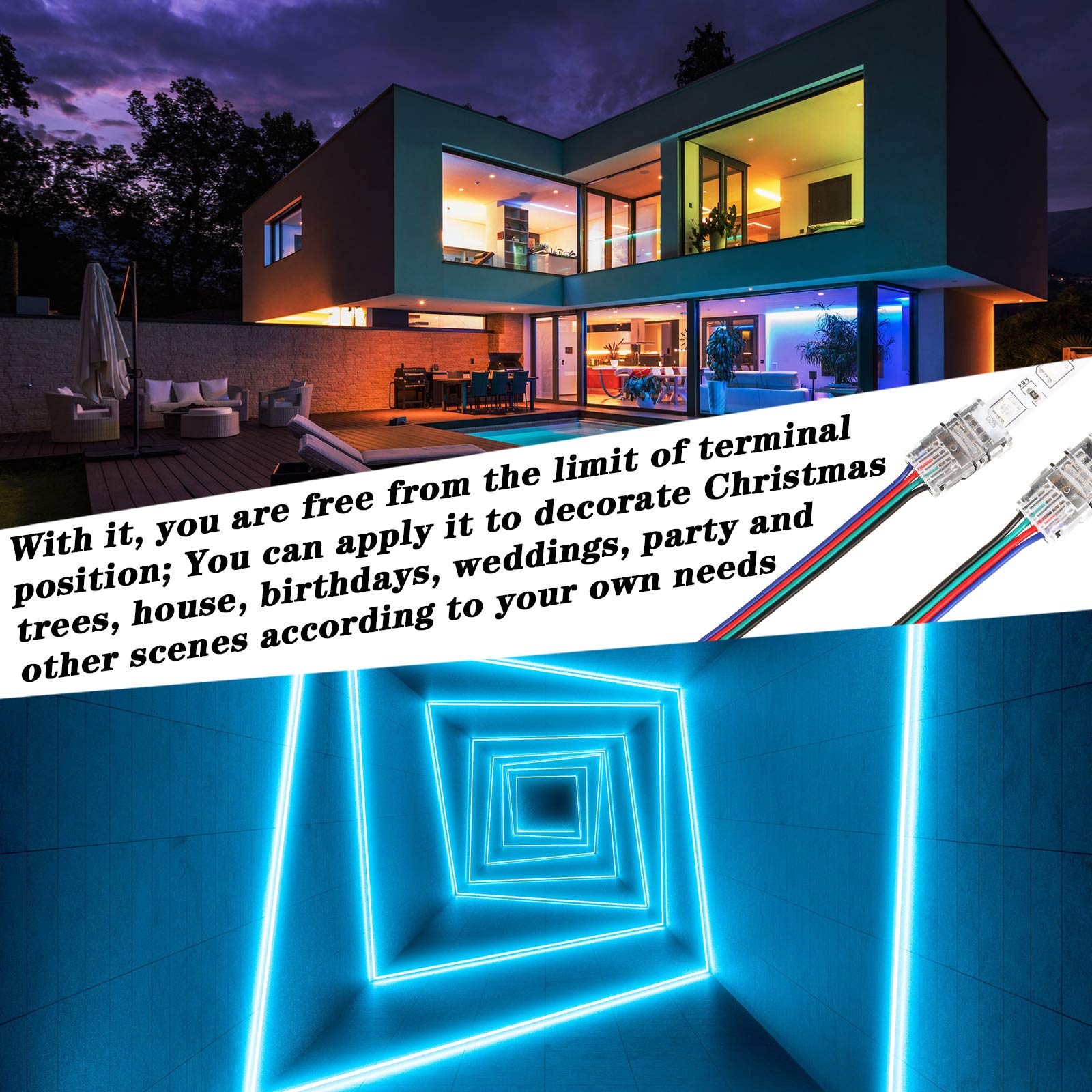 20-Pack 4-Pin Waterproof LED Strip Connectors for 10mm RGB 5050 LED Lights - Includes 2x 16.4ft Extension Cables - Perfect for Home Theater Lighting, Under Cabinet LED Strips, and DIY Lighting Projects
