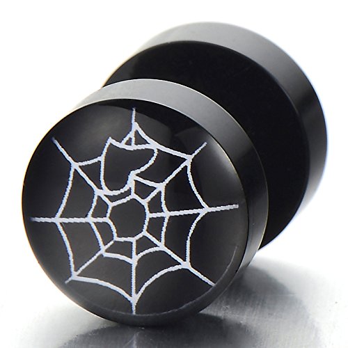 2pcs 10MM Black Screw Stud Spider Web Earrings for Men - Fake Ear Plugs & Gauges - Perfect for Punk, Gothic & Alternative Fashion Styles