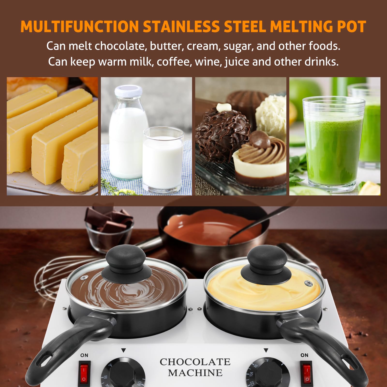 WICHEMI Electric Chocolate Melting Pot - Double Pots Chocolate Warmer & Tempering Machine for Home & Commercial Use - Perfect for Melting Chocolate, Butter, Cheese, Cream, Candy & Milk - Ideal for Baking, Candy Making, Fondue & Dessert Preparation