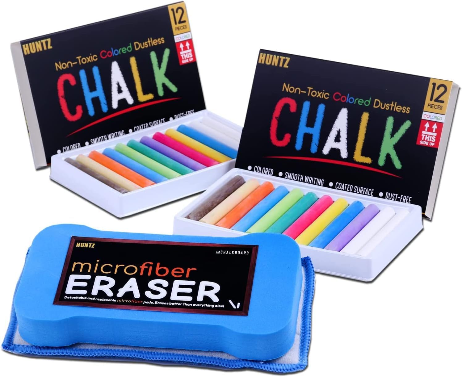 **Huntz Dustless Chalk Set - 24 Multi-Color Washable & Reusable Chalks with Microfiber Eraser - Perfect for Kids, Classrooms, Sidewalk Art & Home Learning Activities**
