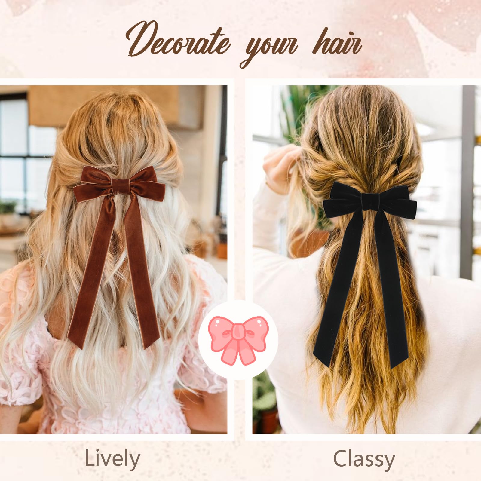 6PCS Velvet Hair Bows for Women & Girls - Long Tail Bow Hair Clips, Cute Hair Ribbon Barrettes & Ponytail Holders with Alligator Clips (Red) - Perfect for Parties, Weddings, School & Daily Fashion Accessories