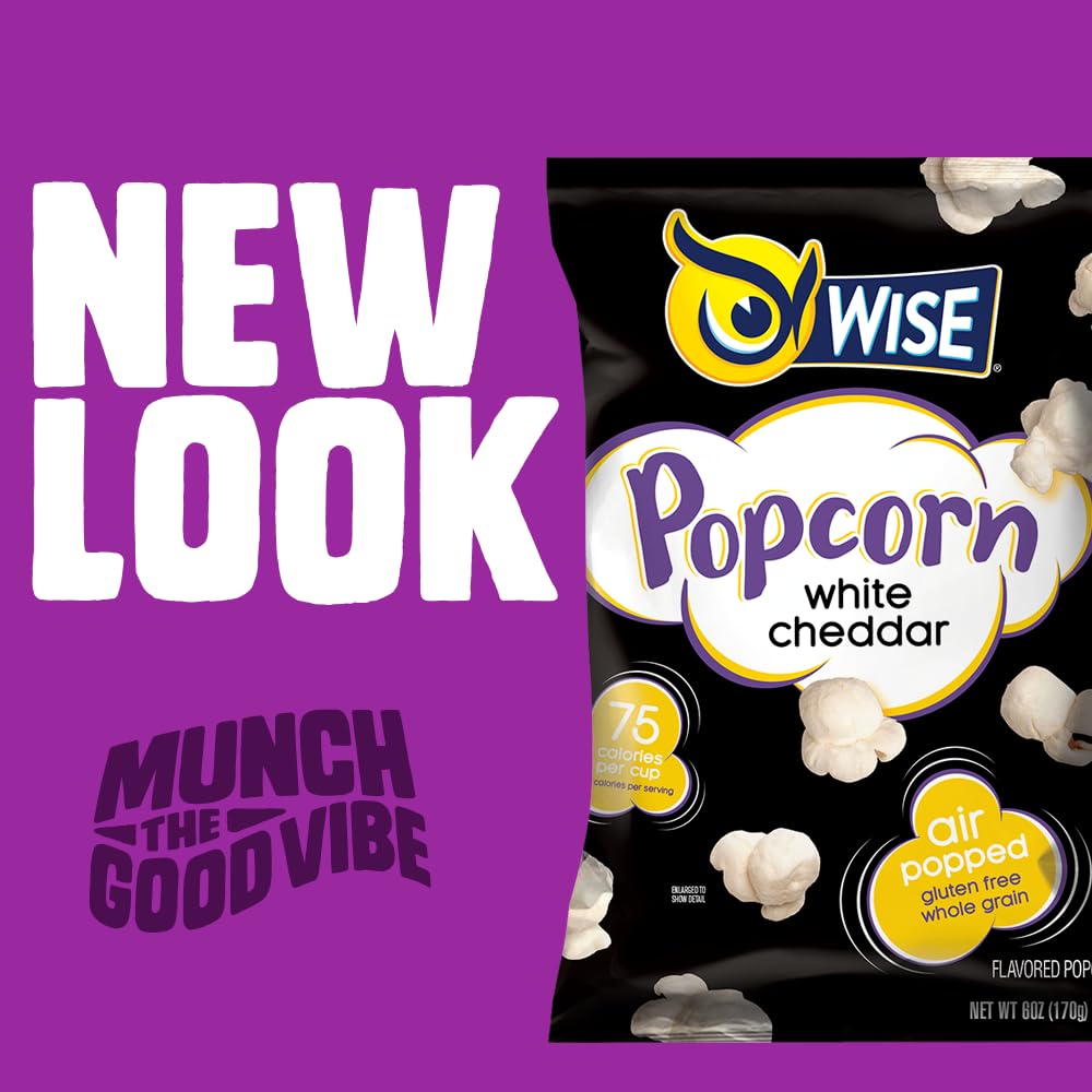 Wise Snacks White Cheddar Popcorn - 12 Pack (2.25oz Bags) | Gluten Free, Whole Grain, Air Popped Snacks for Movie Nights, Office Break, and Healthy On-the-Go Munching