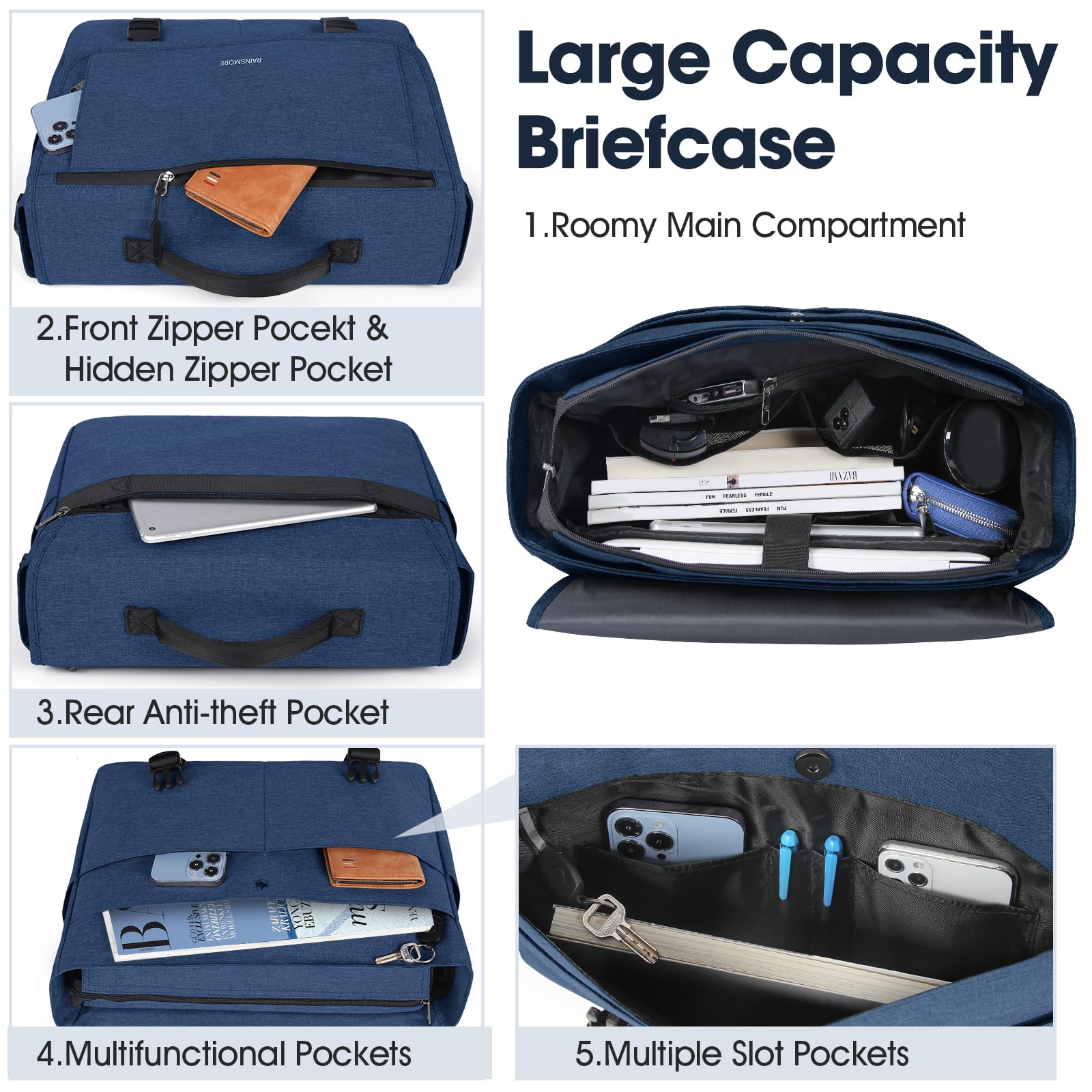 RAINSMORE Waterproof Messenger Bag for Men - 15.6 Inch Laptop Briefcase, Durable Crossbody Shoulder Bag for College, Office & Travel - Stylish Blue Casual Satchel for Work, Business & Daily Commute