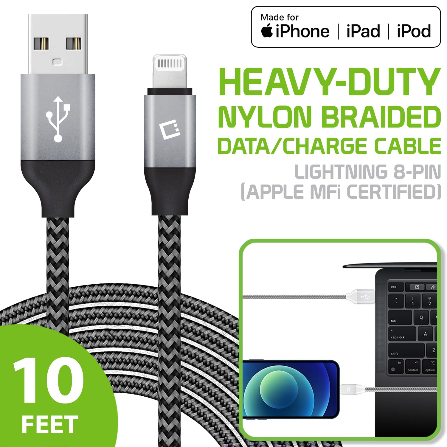 Premium Braided Lightning Cable 10FT - Fast Charging & Sync Data Cable for iPhone 14 Pro Max/13/12/11/SE/XS, iPad Pro/Air/Mini, AirPods - Durable Nylon iPhone Charger Cord for Home, Office & Travel