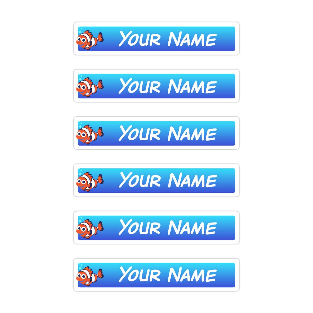 Peel & Stick Waterproof Name Labels - 80 Skinny Personalized Clownfish Design Durable Stickers for Kids School Supplies, Lunch Boxes & Water Bottles