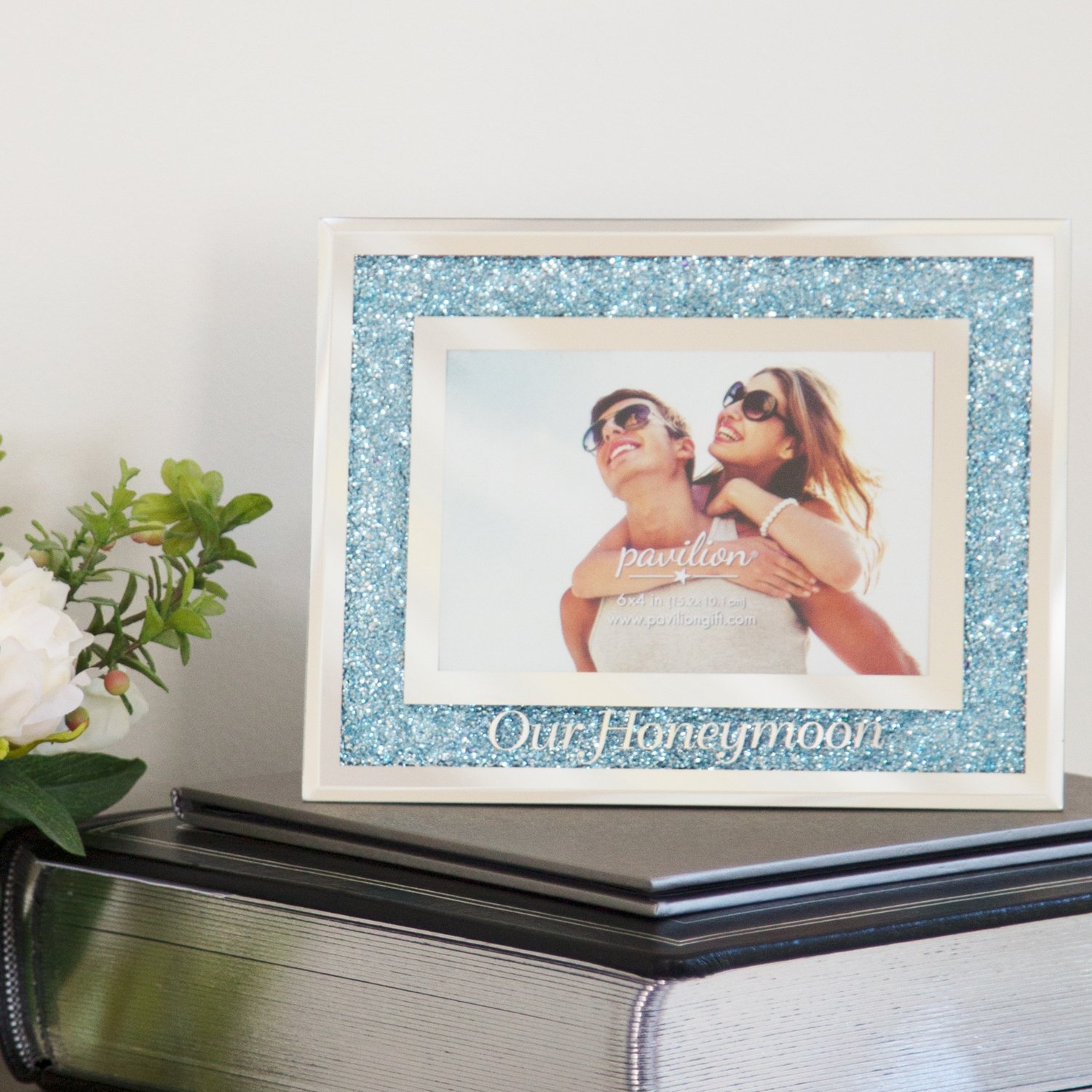Glorious Occasions Blue Crystal Mirrored 4x6 Picture Frame - Wedding Gift, Honeymoon Keepsake, Anniversary Present - Perfect for Displaying Wedding Photos, Travel Memories & Special Moments